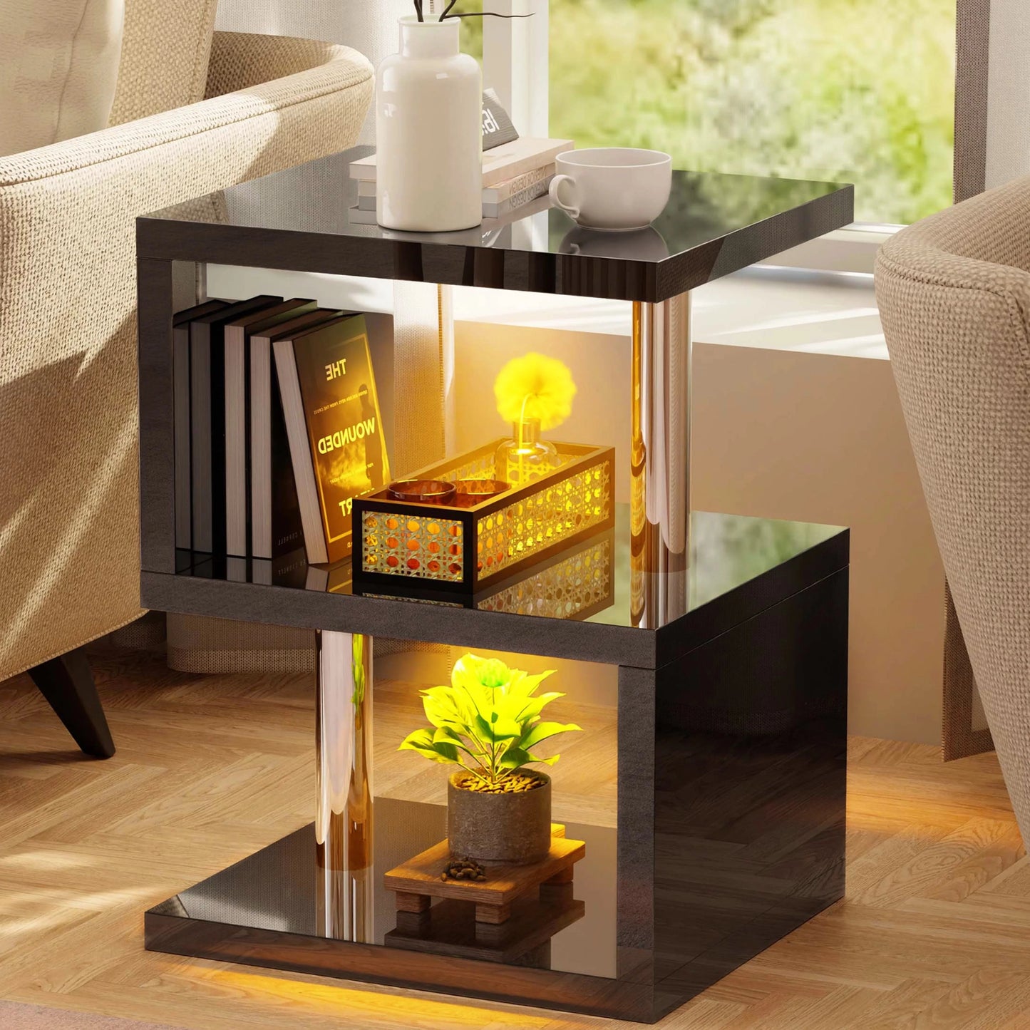 Small Sofa Side Table with Storage & LED - High Gloss End Table