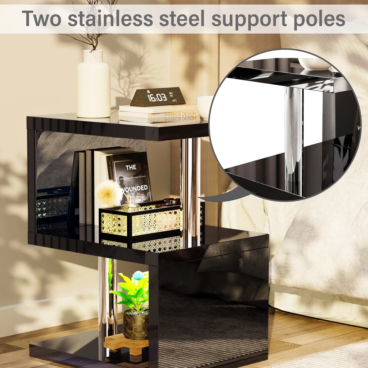 Small Sofa Side Table with Storage & LED - High Gloss End Table
