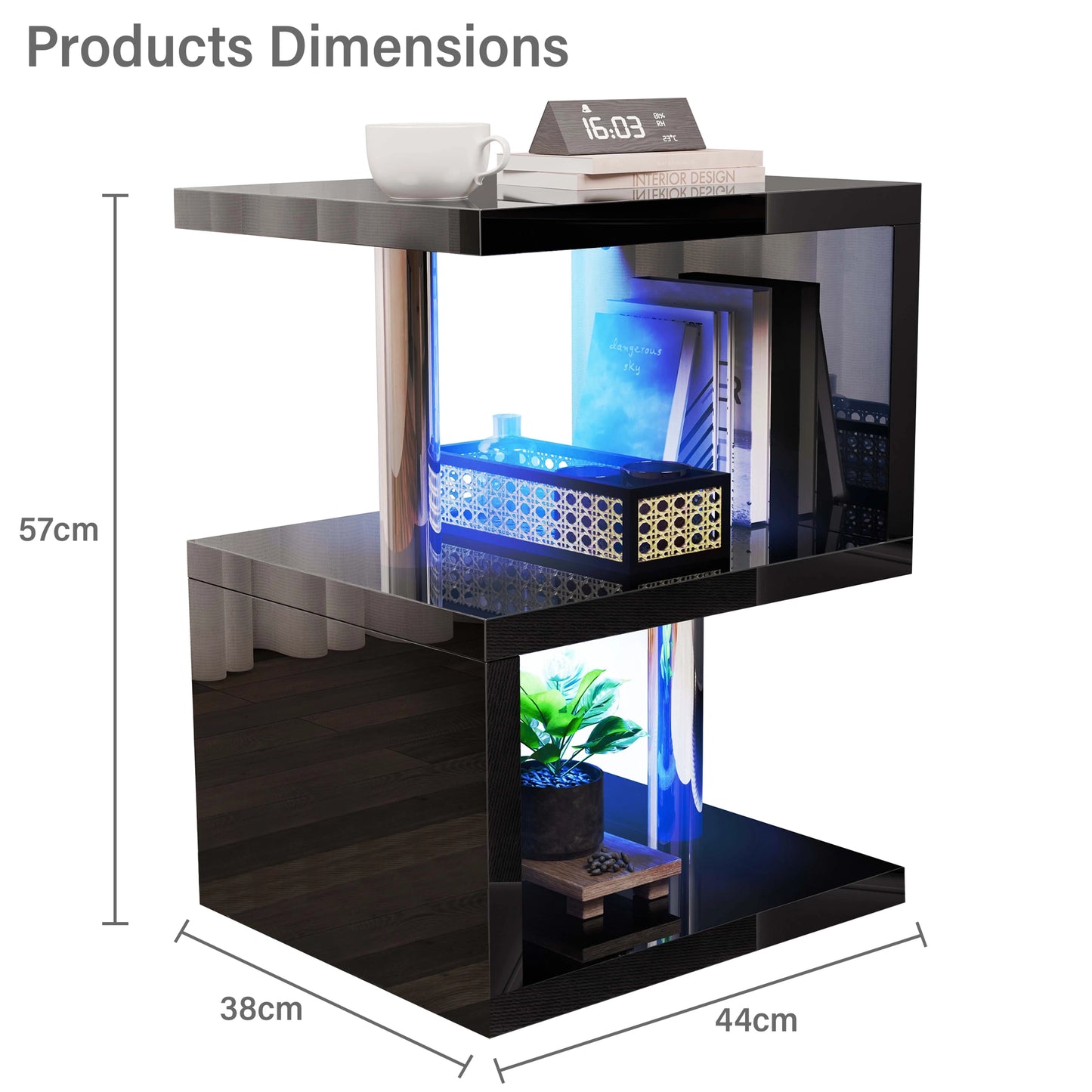Small Sofa Side Table with Storage & LED - High Gloss End Table