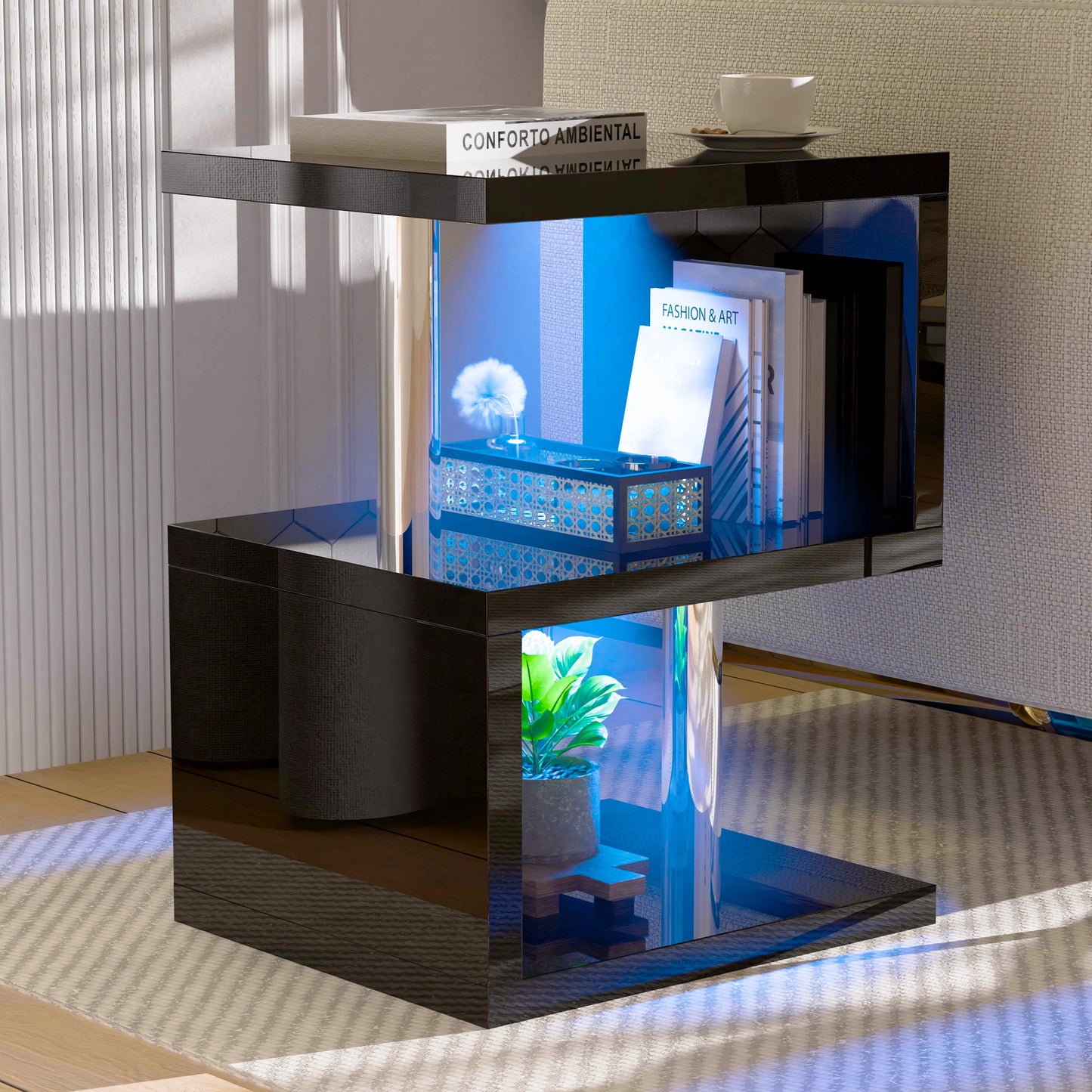 Small Sofa Side Table with Storage & LED - High Gloss End Table
