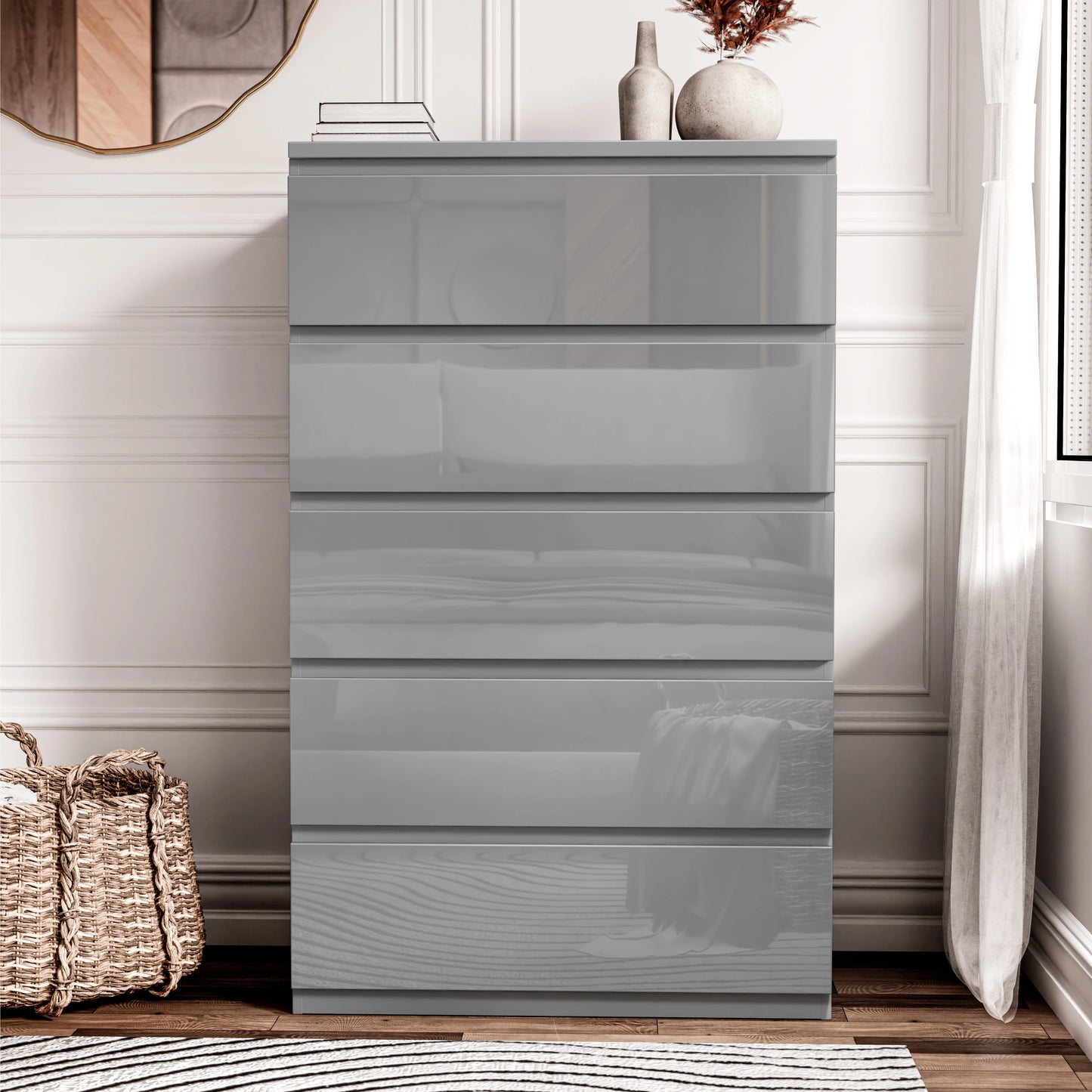 High Gloss Tall Chest of Drawers - 5 Drawer Chest Bedroom Drawers