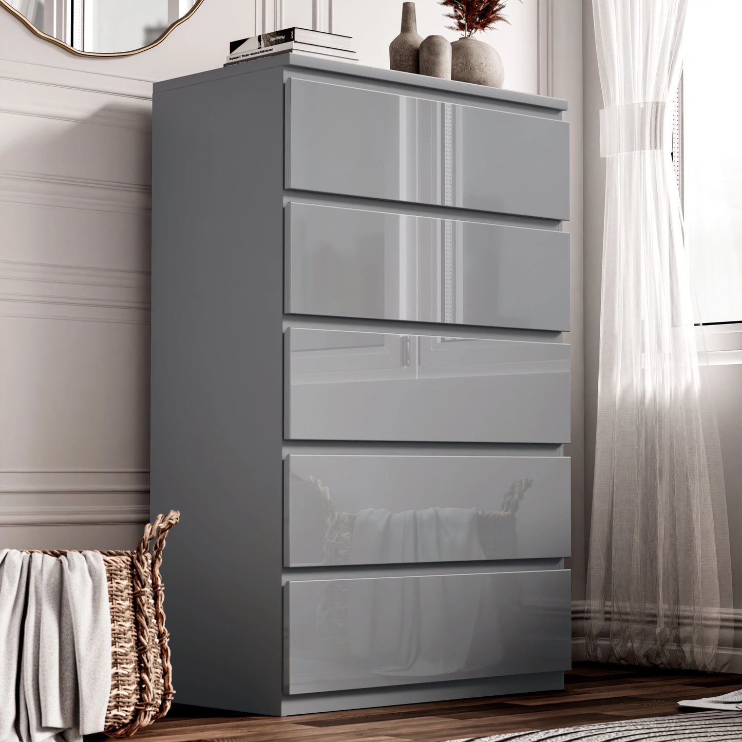 High Gloss Tall Chest of Drawers - 5 Drawer Chest Bedroom Drawers