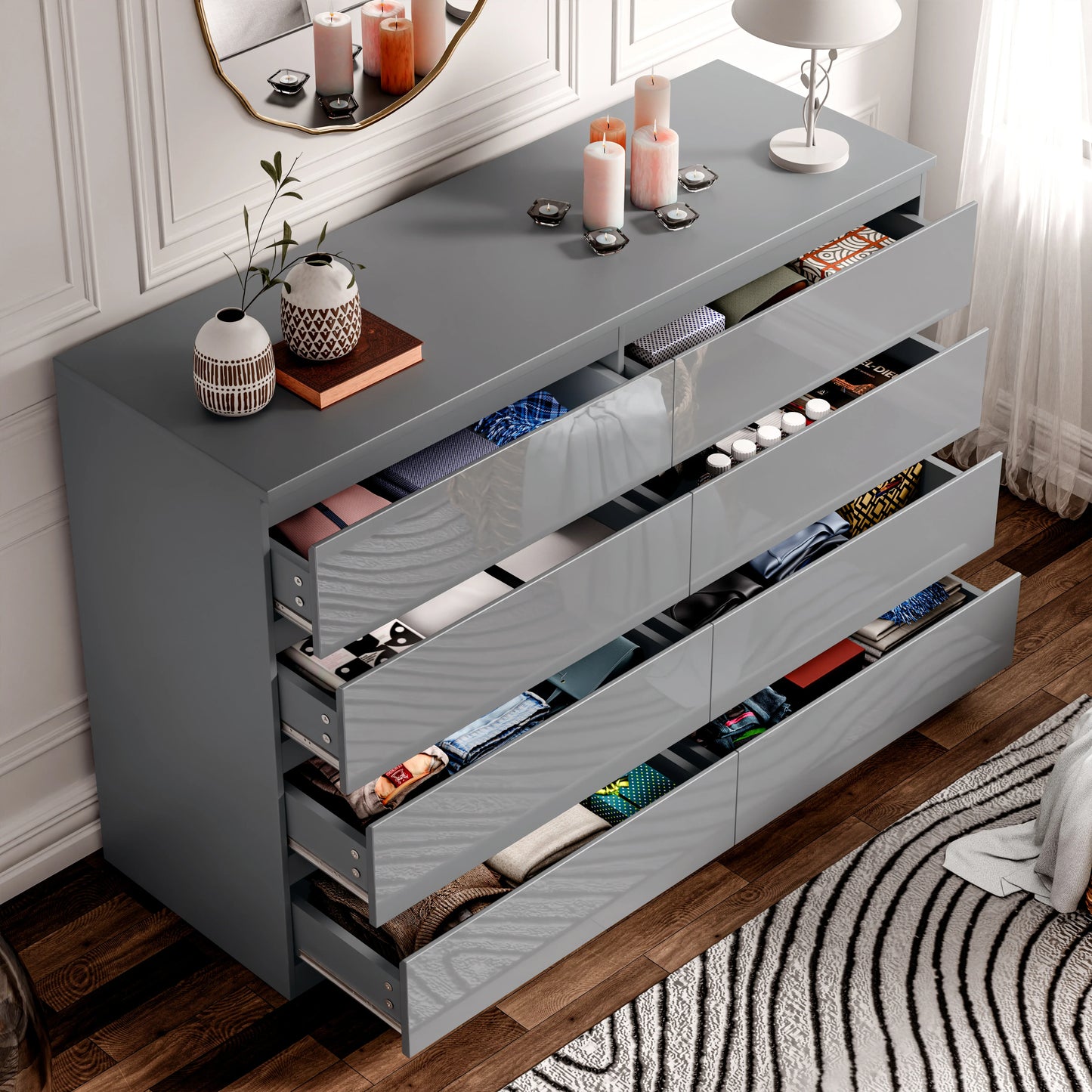 High Gloss Wide 8 Drawer Chest of Drawers - Bedroom Dresser