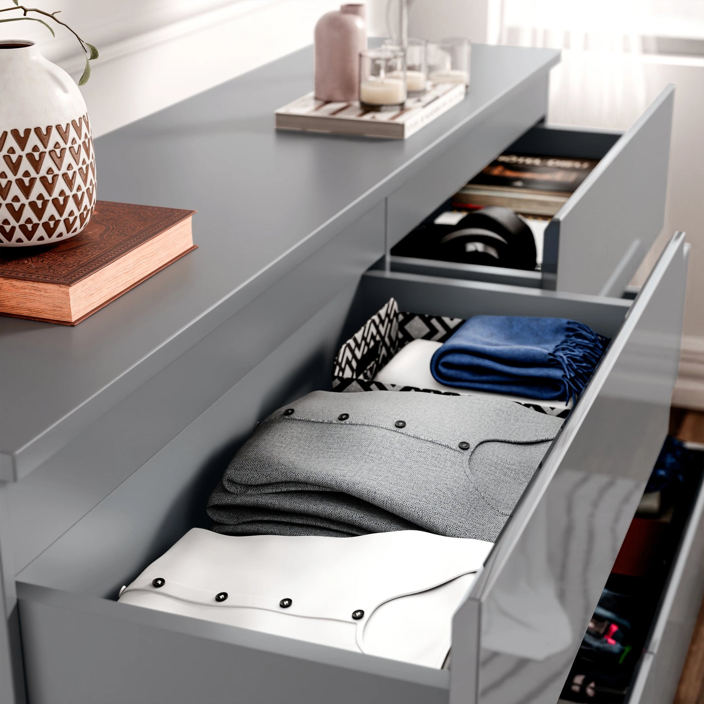 High Gloss Wide 8 Drawer Chest of Drawers - Bedroom Dresser