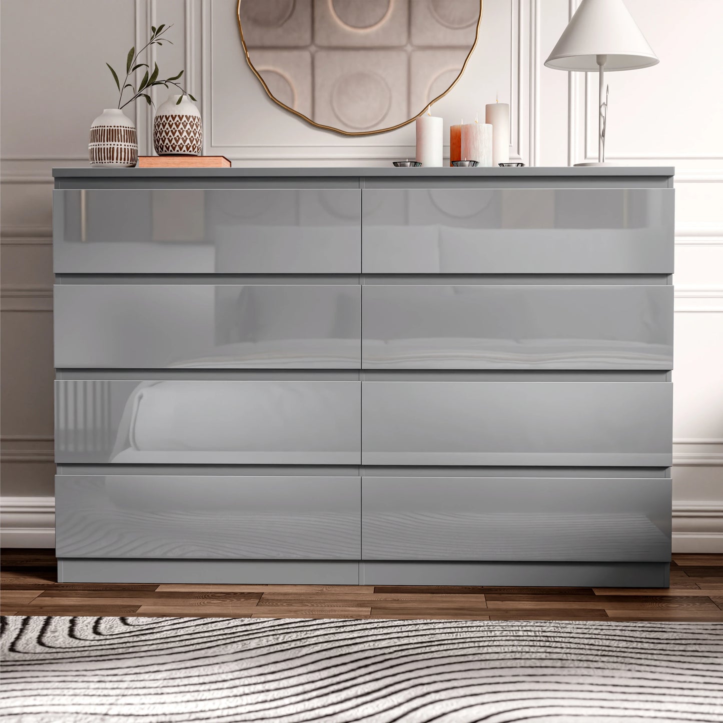 High Gloss Wide 8 Drawer Chest of Drawers - Bedroom Dresser