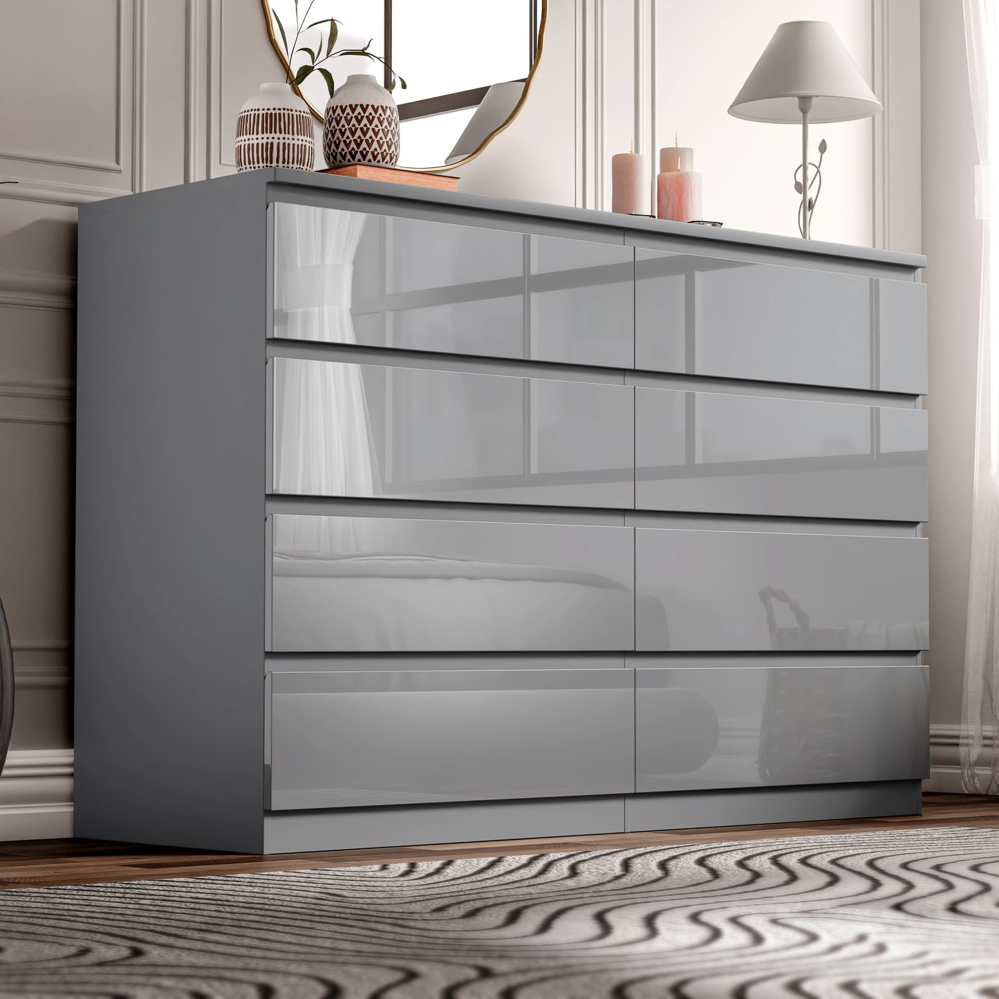 High Gloss Wide 8 Drawer Chest of Drawers - Bedroom Dresser