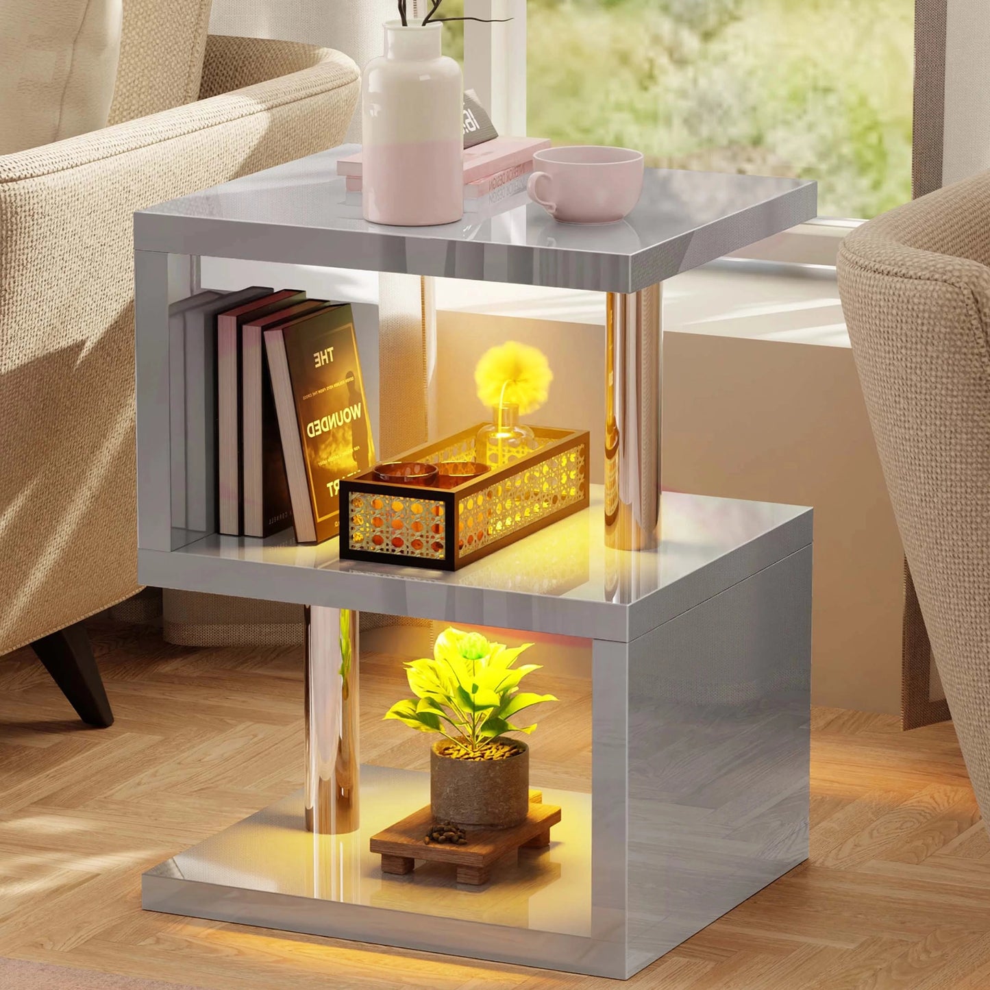Small Sofa Side Table with Storage & LED - High Gloss End Table