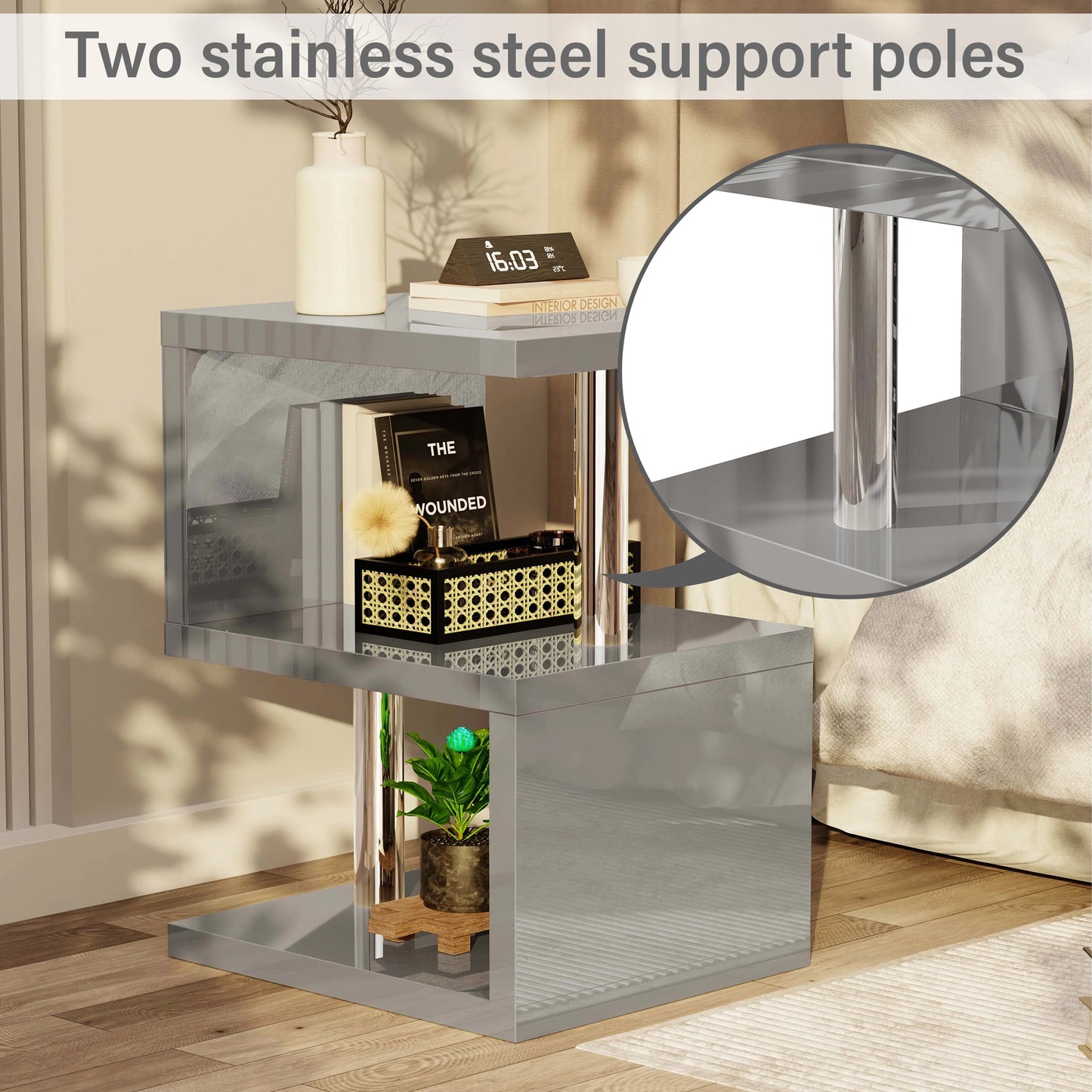 Small Sofa Side Table with Storage & LED - High Gloss End Table