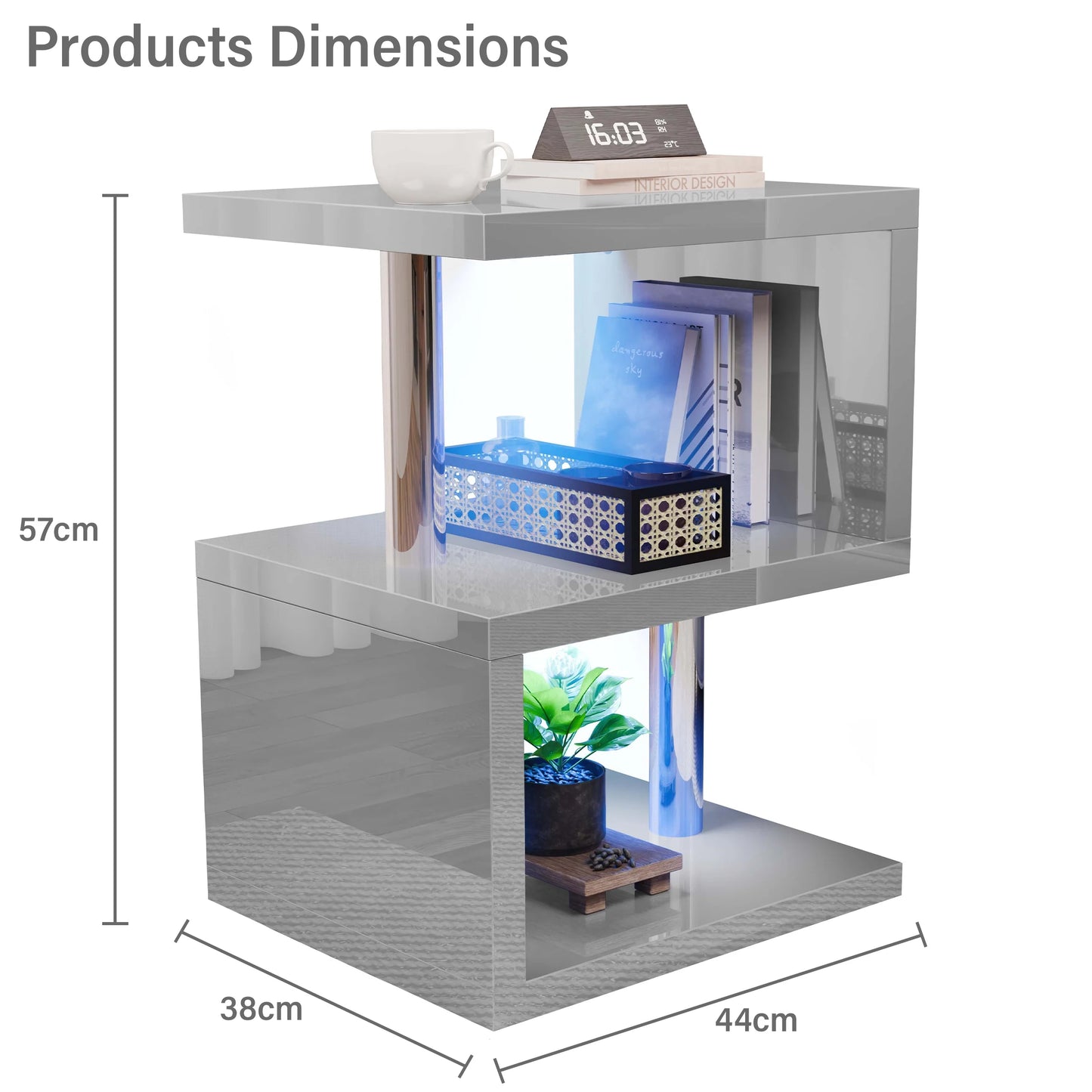 Small Sofa Side Table with Storage & LED - High Gloss End Table