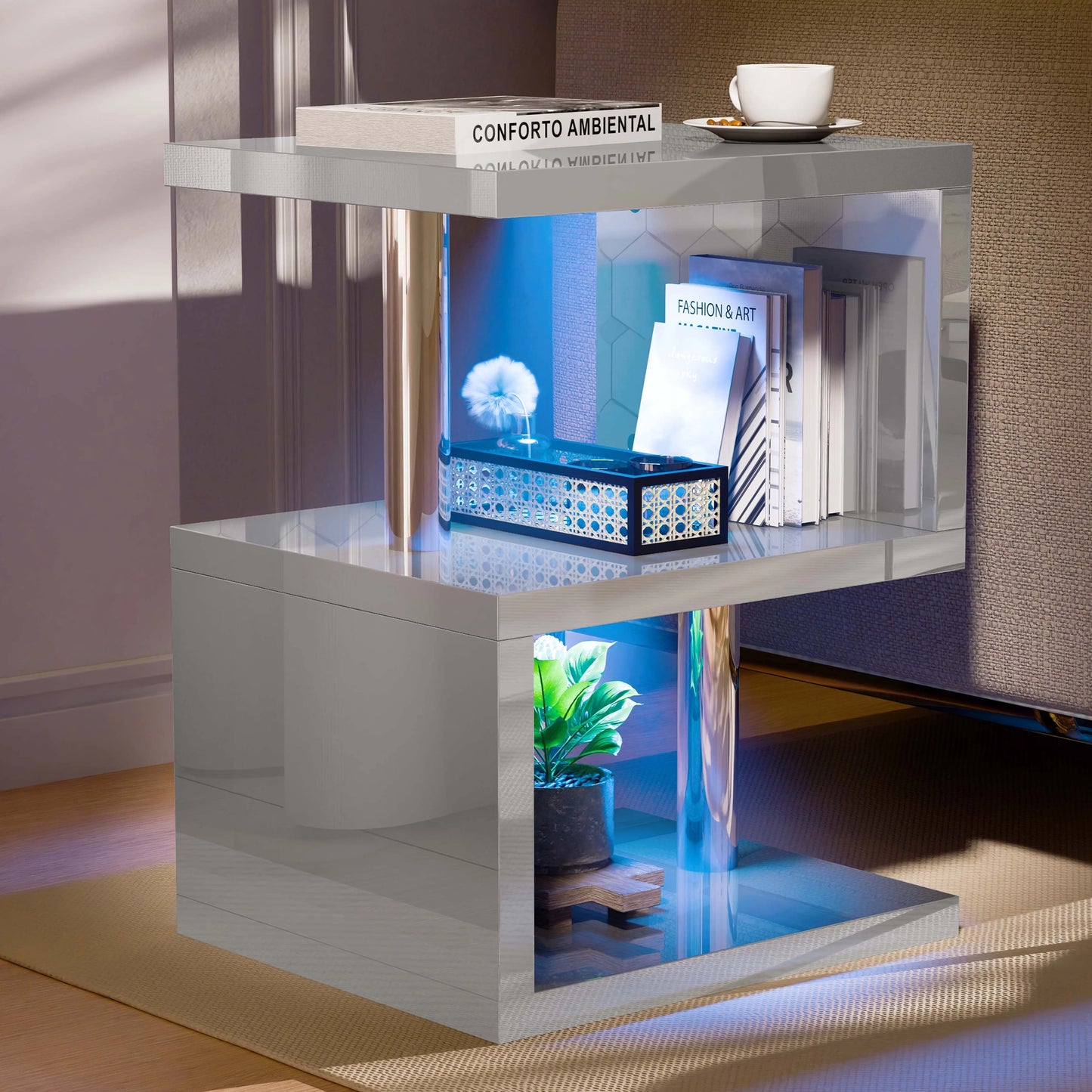 Small Sofa Side Table with Storage & LED - High Gloss End Table