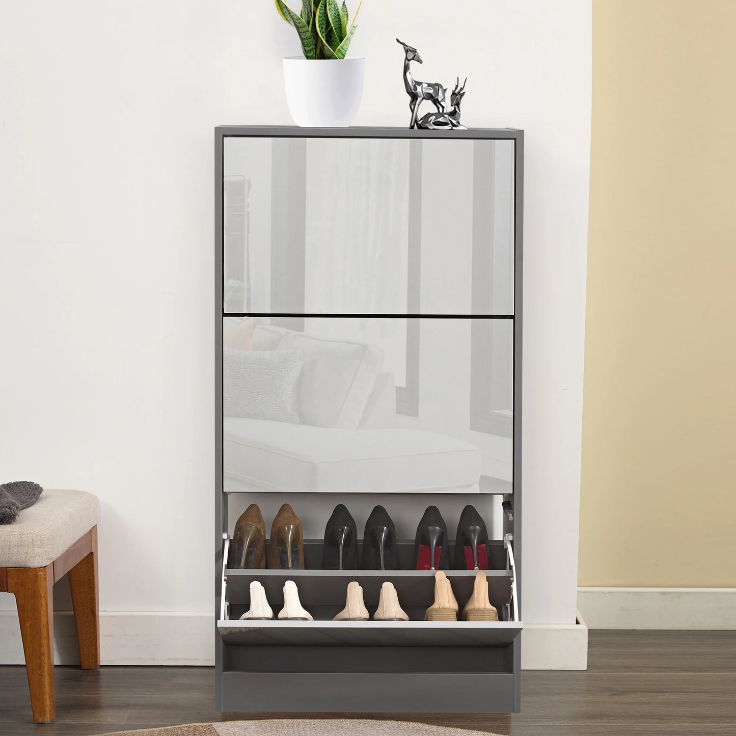 High Gloss 3 Door Shoe Cabinet | Slim Shoe Storage