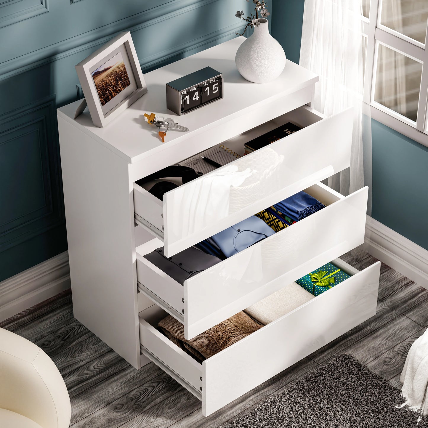 High Gloss 3 Drawer Chest - Small Chest of Drawers