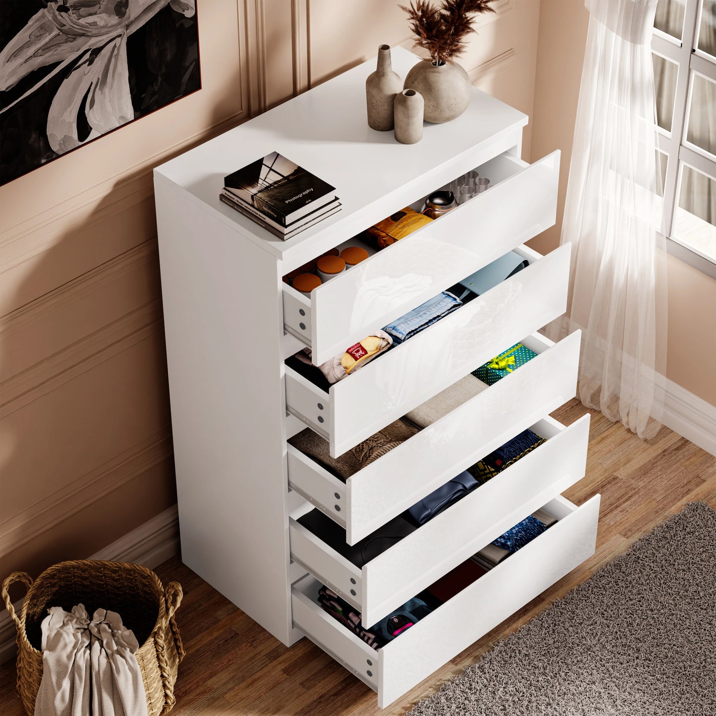 High Gloss Tall Chest of Drawers - 5 Drawer Chest Bedroom Drawers
