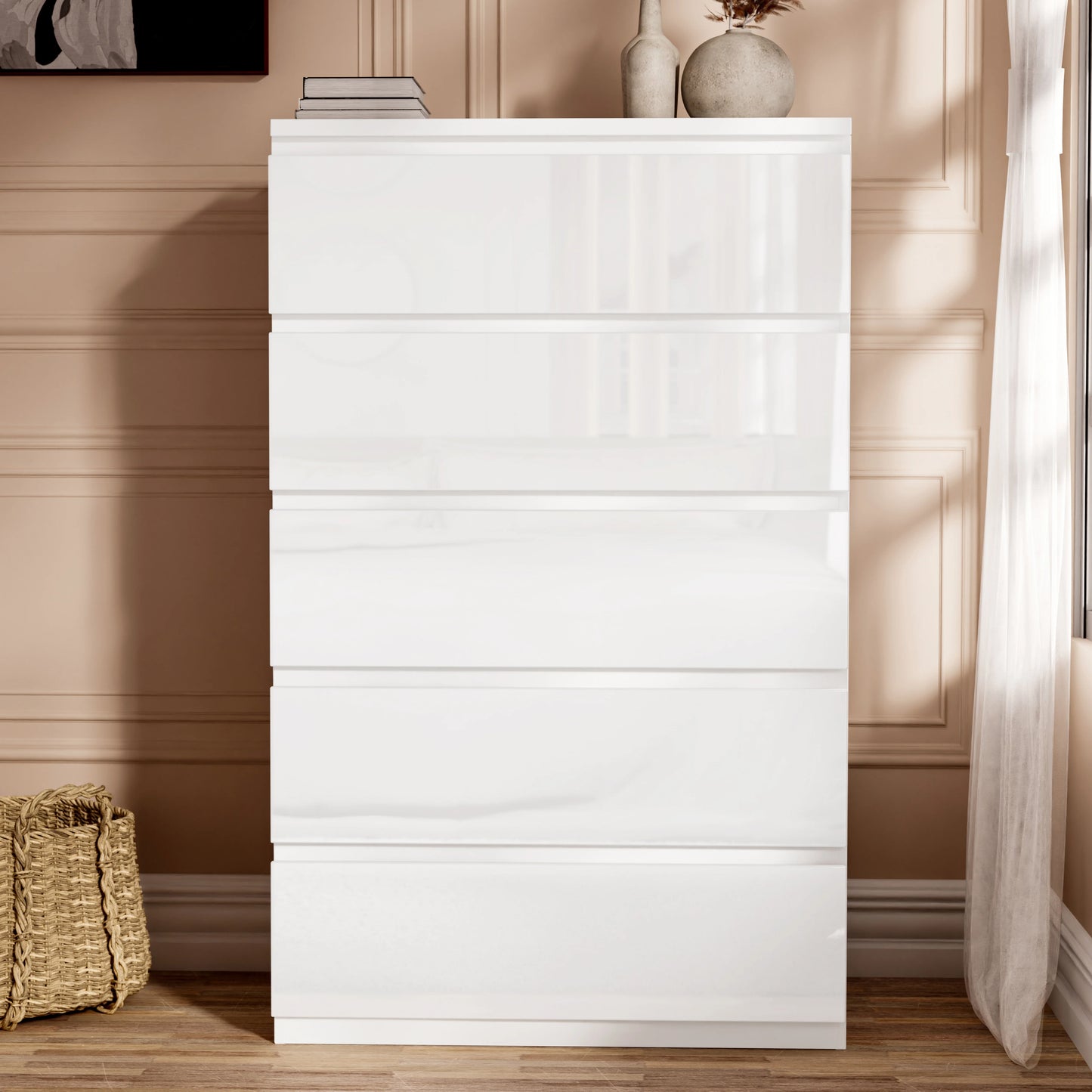 High Gloss Tall Chest of Drawers - 5 Drawer Chest Bedroom Drawers