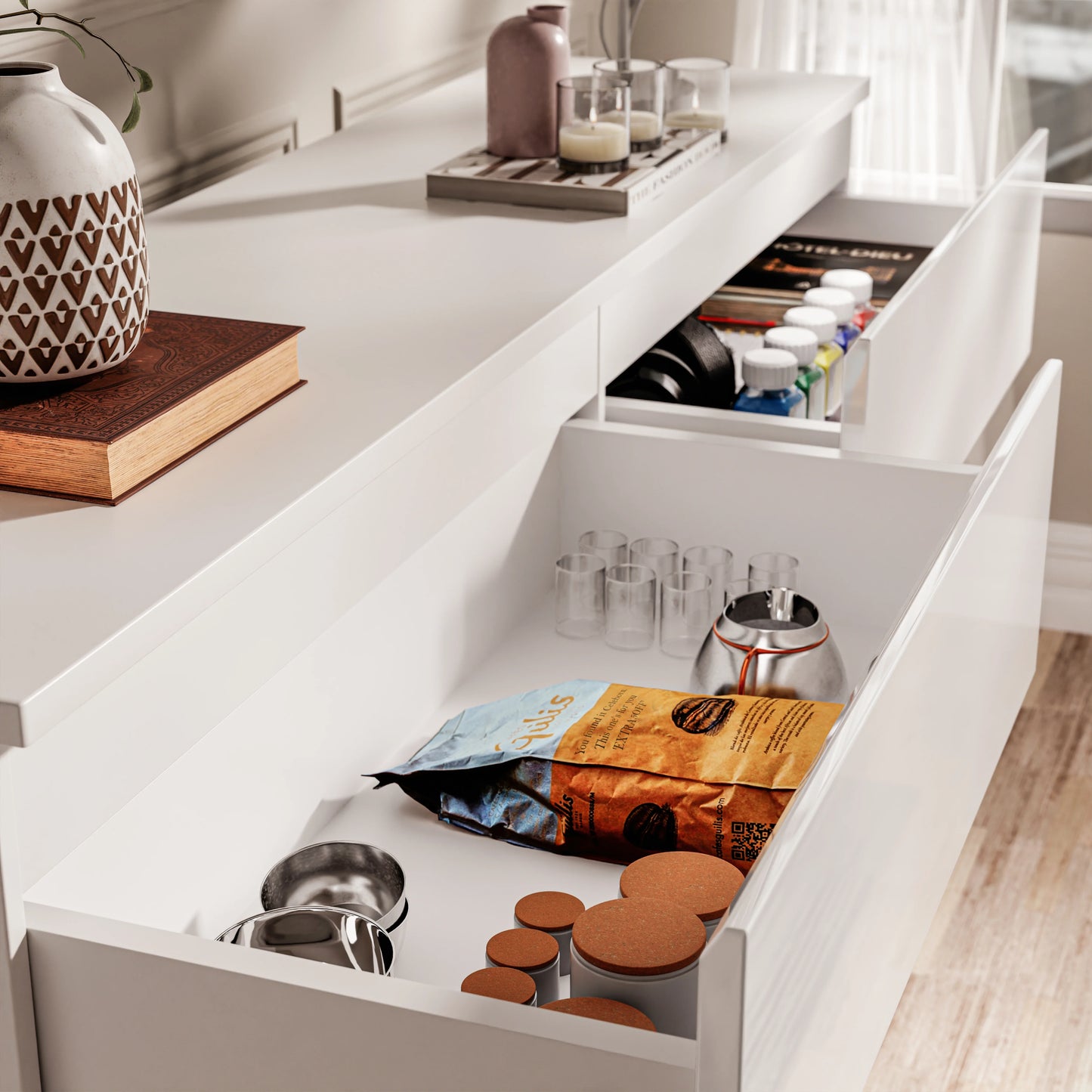 High Gloss Wide 8 Drawer Chest of Drawers - Bedroom Dresser