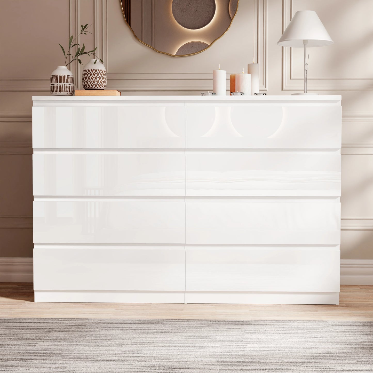 High Gloss Wide 8 Drawer Chest of Drawers - Bedroom Dresser