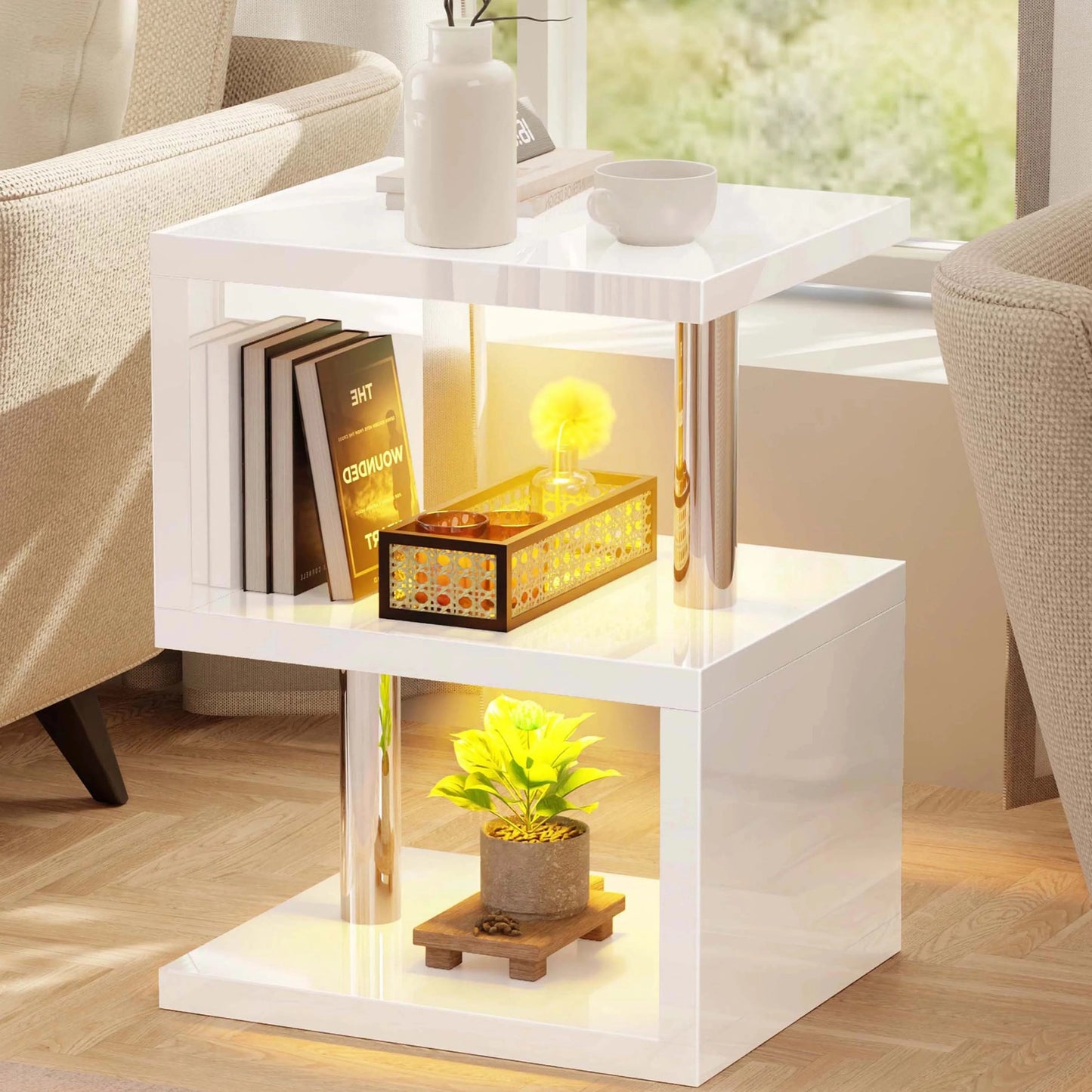 Small Sofa Side Table with Storage & LED - High Gloss End Table