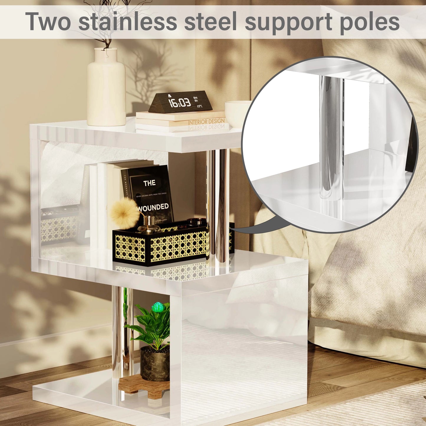 Small Sofa Side Table with Storage & LED - High Gloss End Table