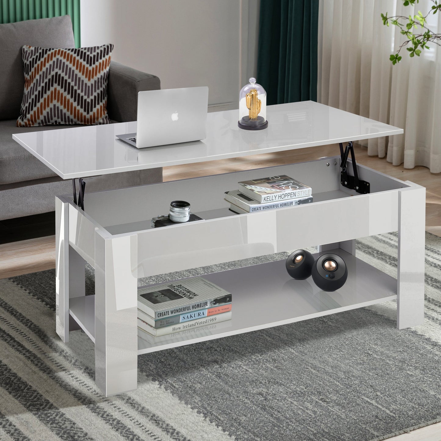High Gloss Lift Top Coffee Table With Hidden Storage Shelf