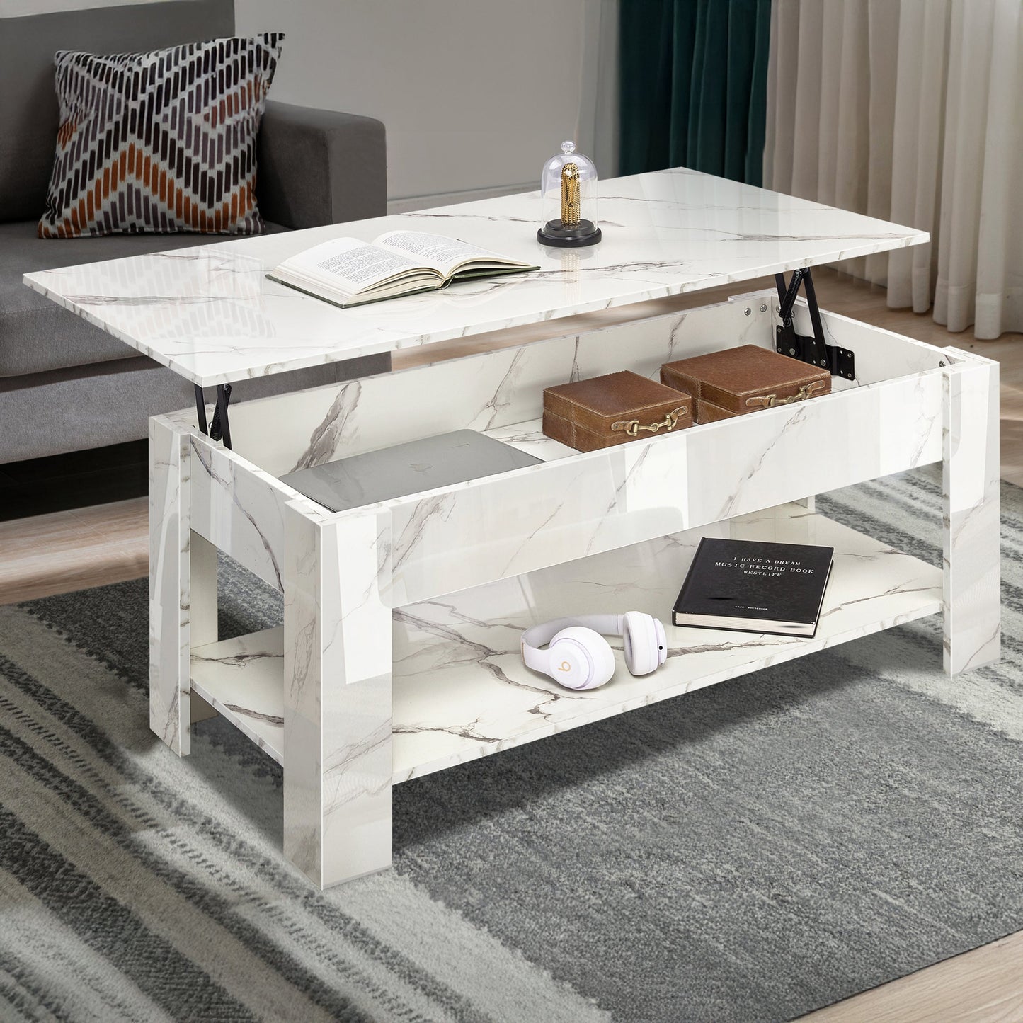 High Gloss Lift Top Coffee Table With Hidden Storage Shelf