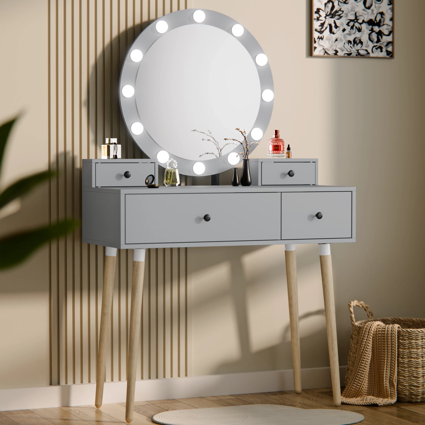 Dressing Table With Drawers and Hollywood Mirror Makeup Vanity Desk