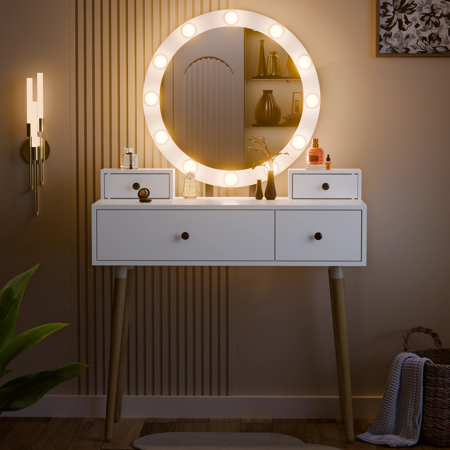 Dressing Table With Drawers and Hollywood Mirror Makeup Vanity Desk