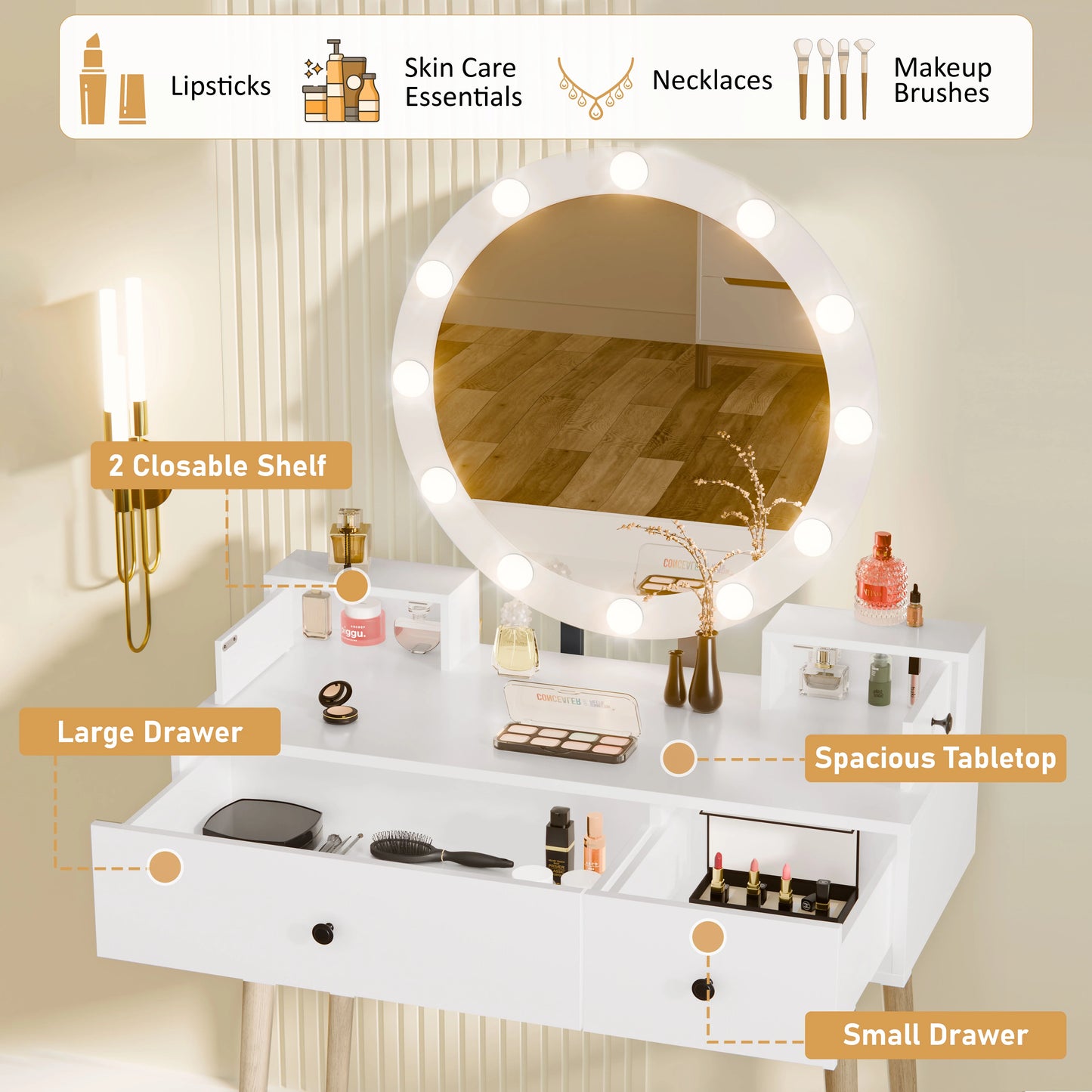 Dressing Table With Drawers and Hollywood Mirror Makeup Vanity Desk