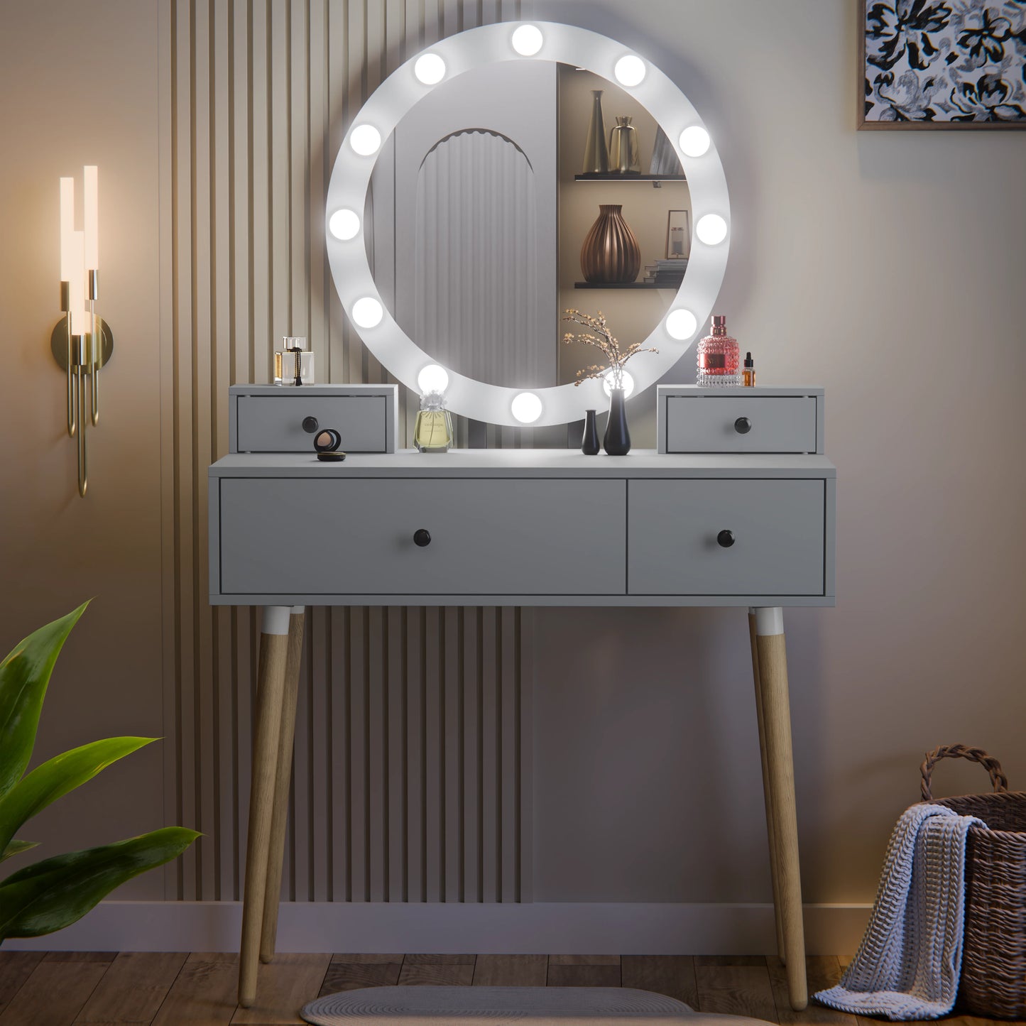 Dressing Table With Drawers and Hollywood Mirror Makeup Vanity Desk