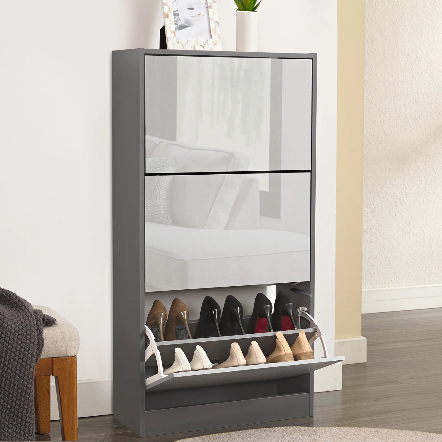 High Gloss 3 Door Shoe Cabinet | Slim Shoe Storage