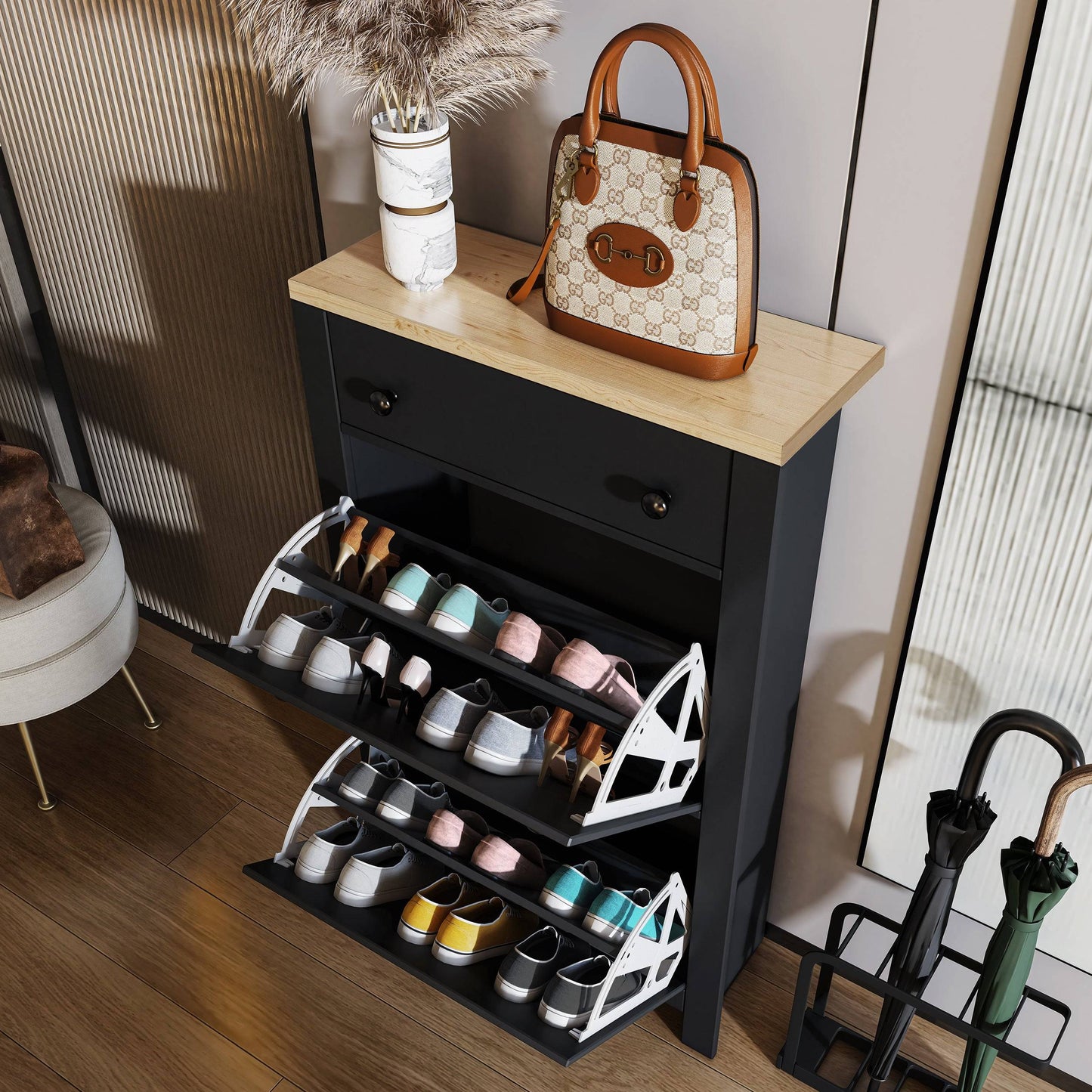 Modern Shoe Cabinet With Drawers | 2 Door Shoe Storage
