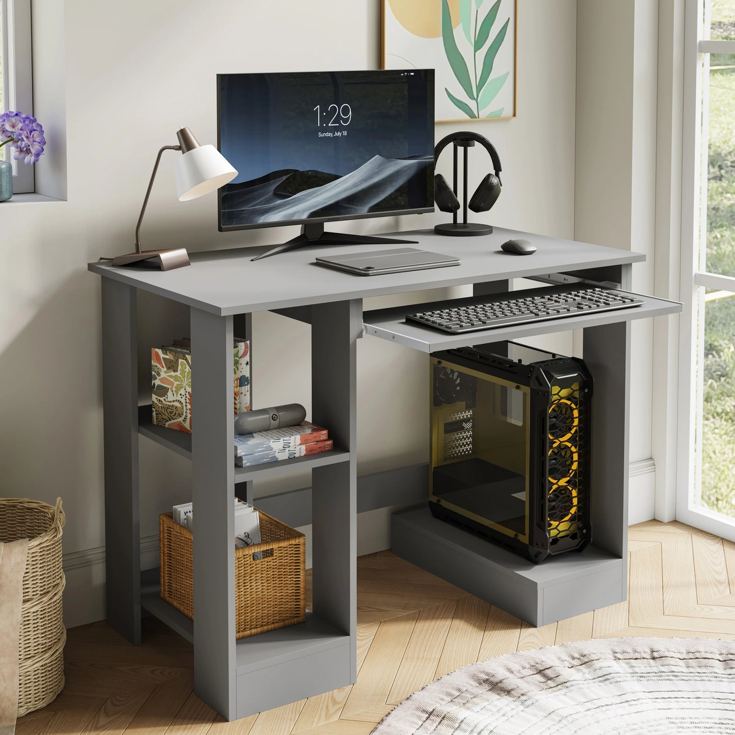 Home Office Computer Desk With Shelves For Working, Reading & Gaming