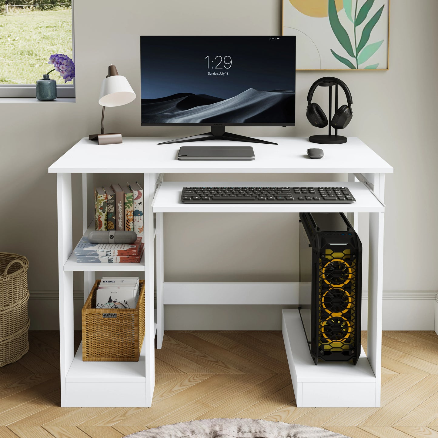 Home Office Computer Desk With Shelves For Working, Reading & Gaming