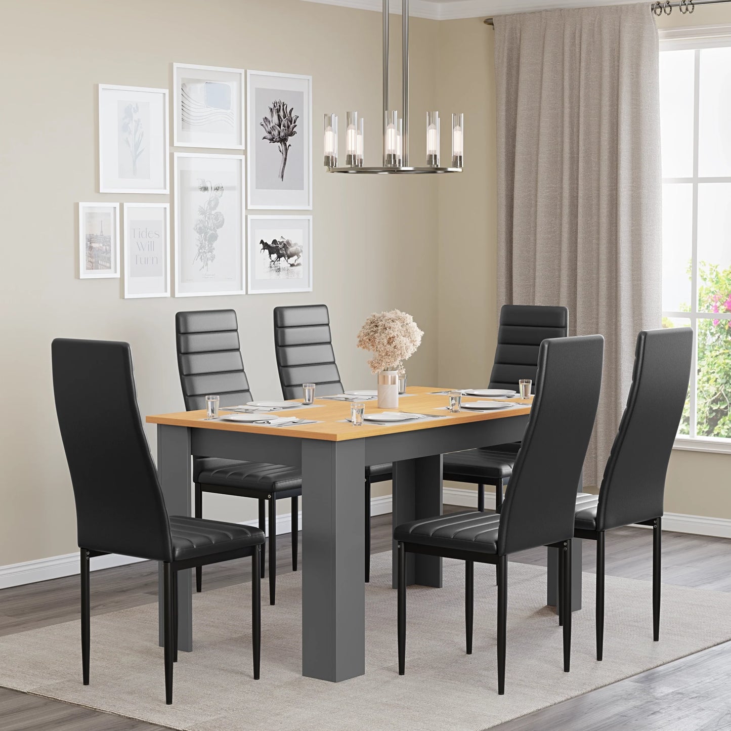 Grey & Pine 4-6 Seater Dining Table and Chairs Set