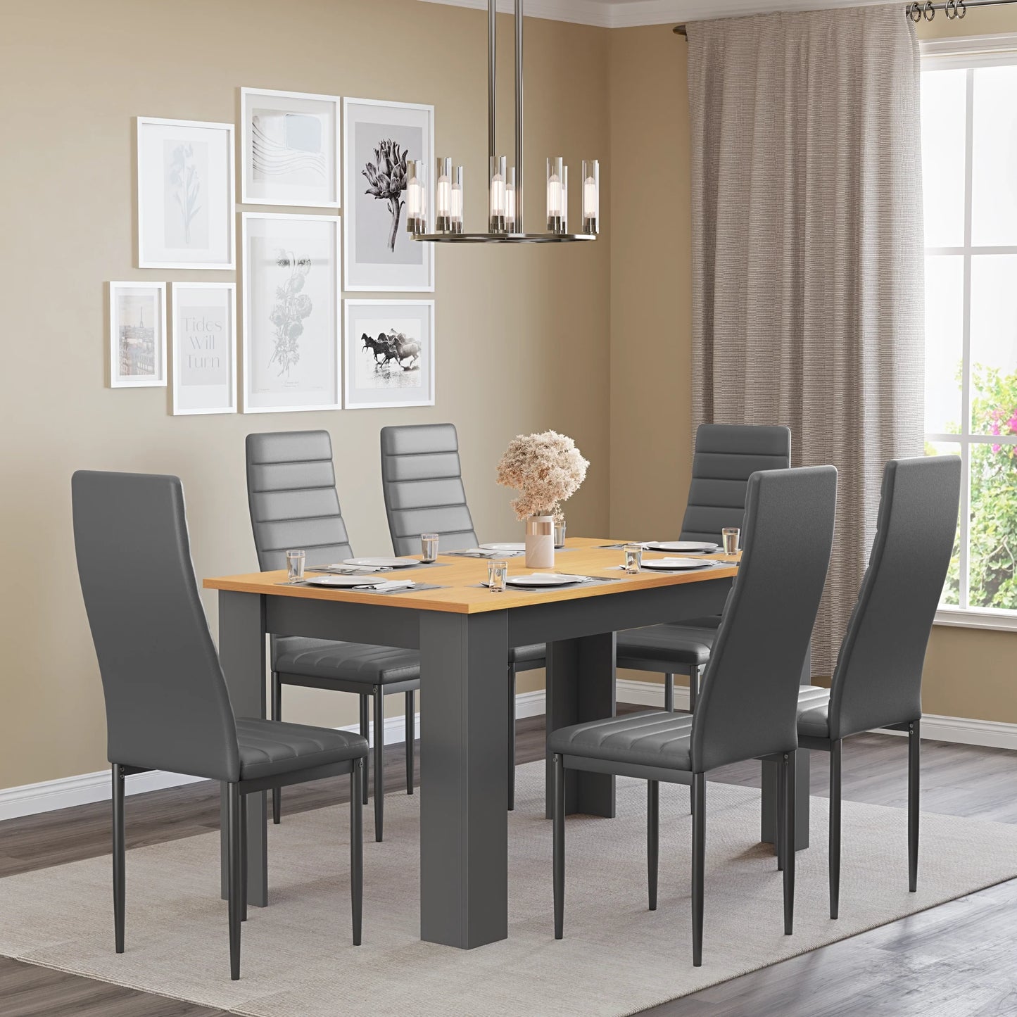 Grey & Pine 4-6 Seater Dining Table and Chairs Set