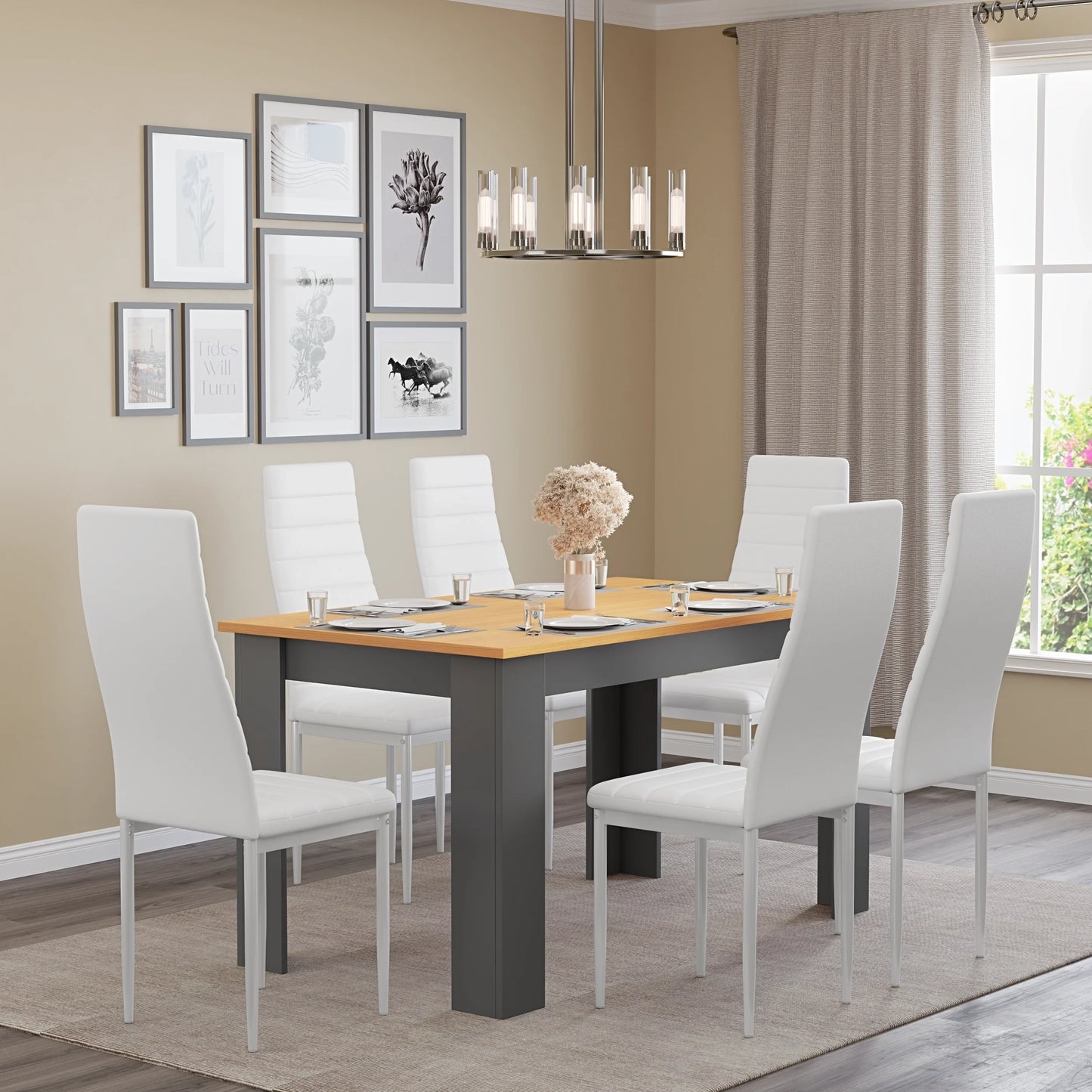Grey & Pine 4-6 Seater Dining Table and Chairs Set