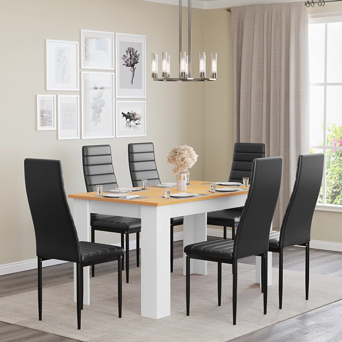 Dining Table Set With 4 & 6 Chairs in Black, Grey & White