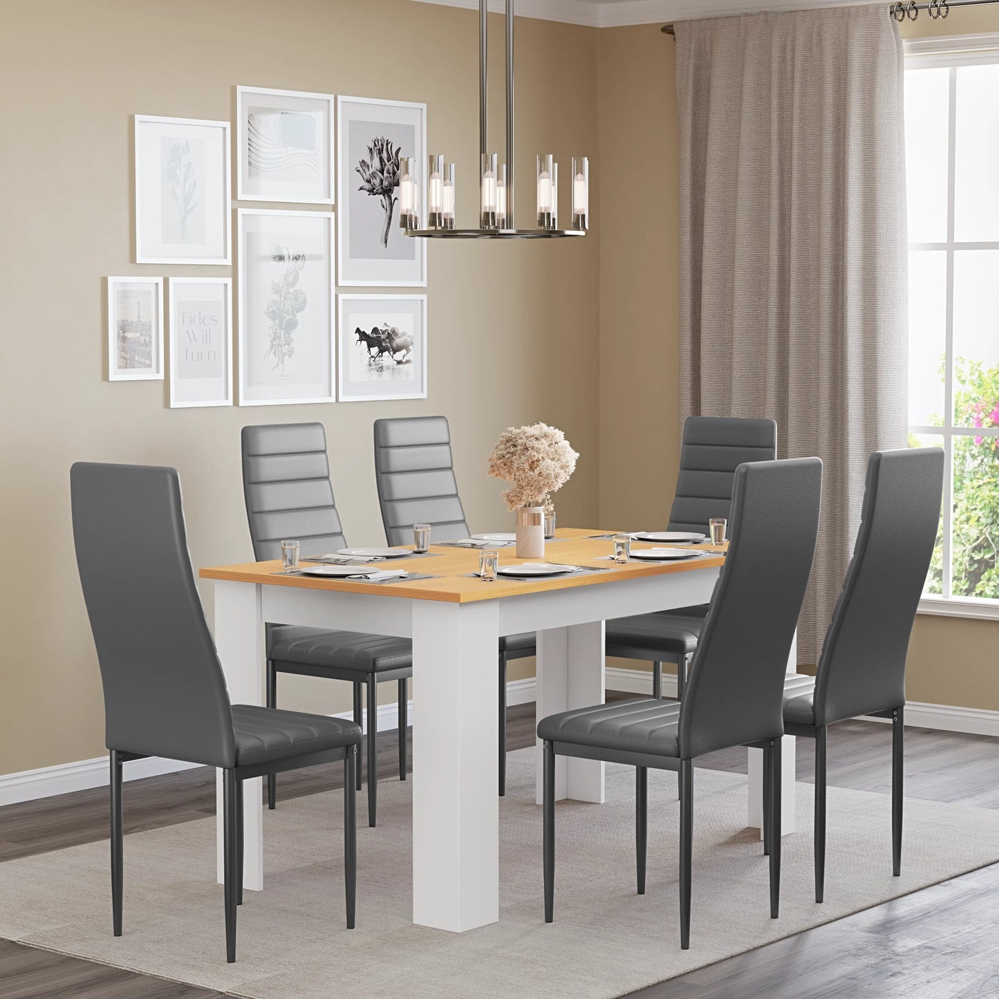 Dining Table Set With 4 & 6 Chairs in Black, Grey & White