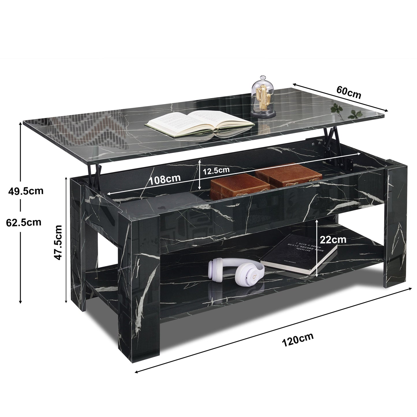 High Gloss Lift Top Coffee Table With Hidden Storage Shelf