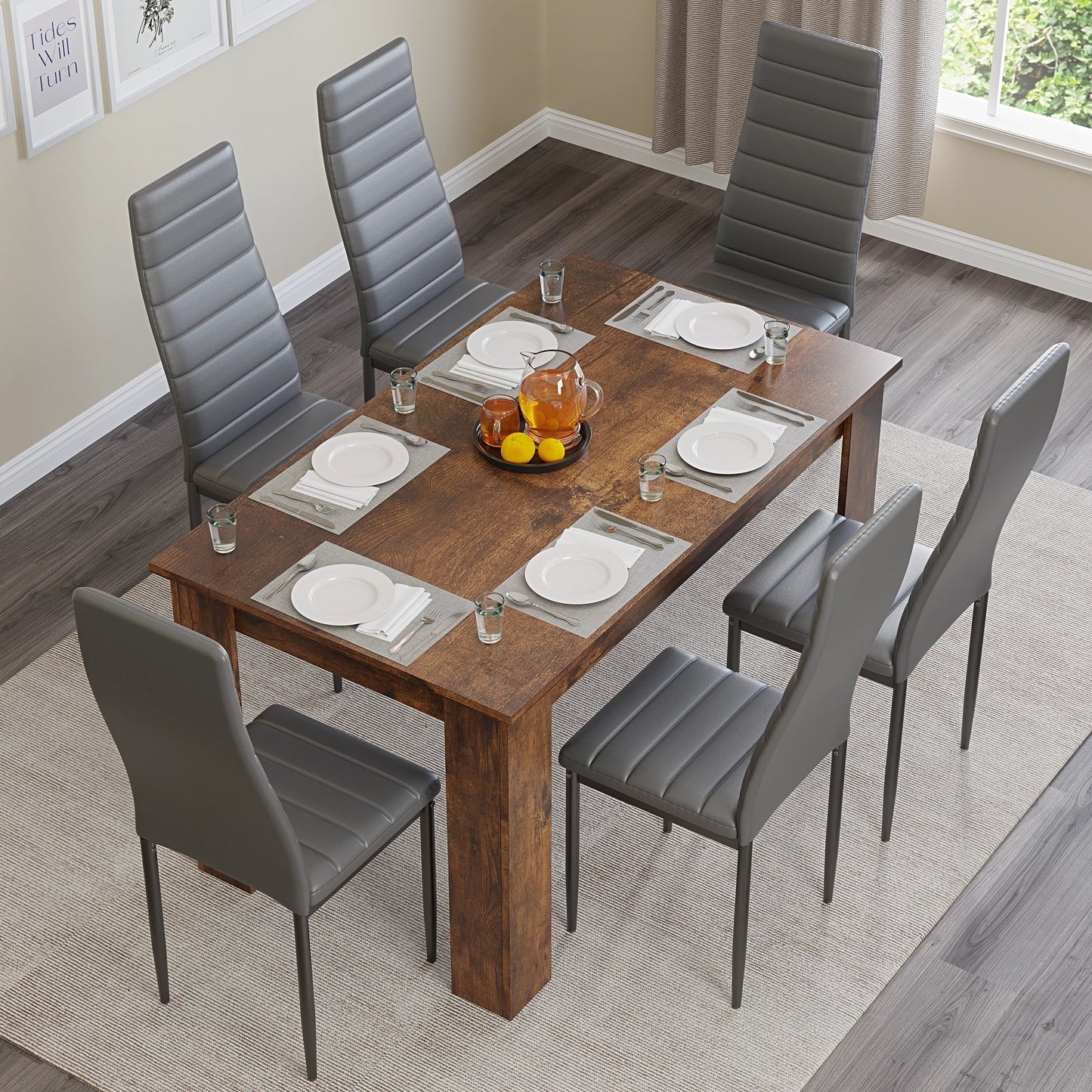 Rustic Finish 4-6 Seater Dining Table and Chairs Set