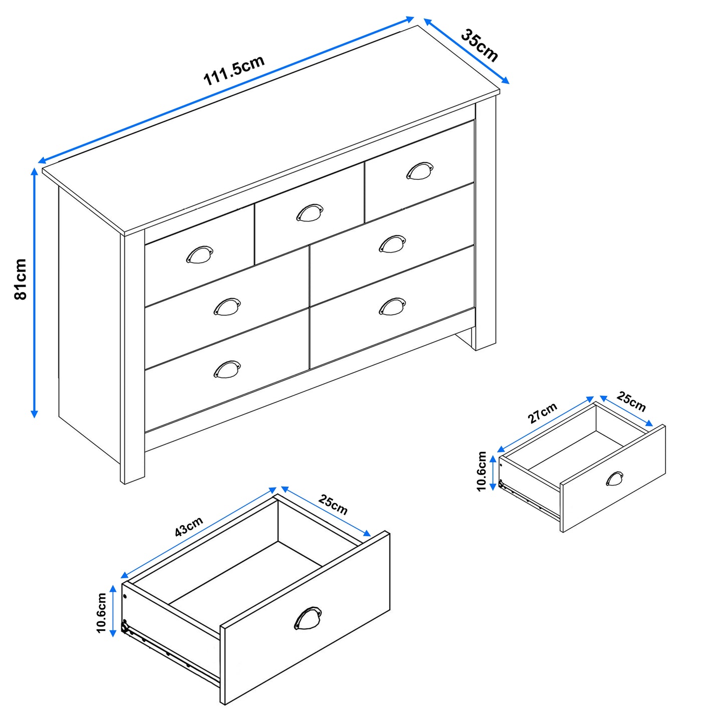 7 Drawer Wide Chest of Drawers - Large Bedroom Dresser
