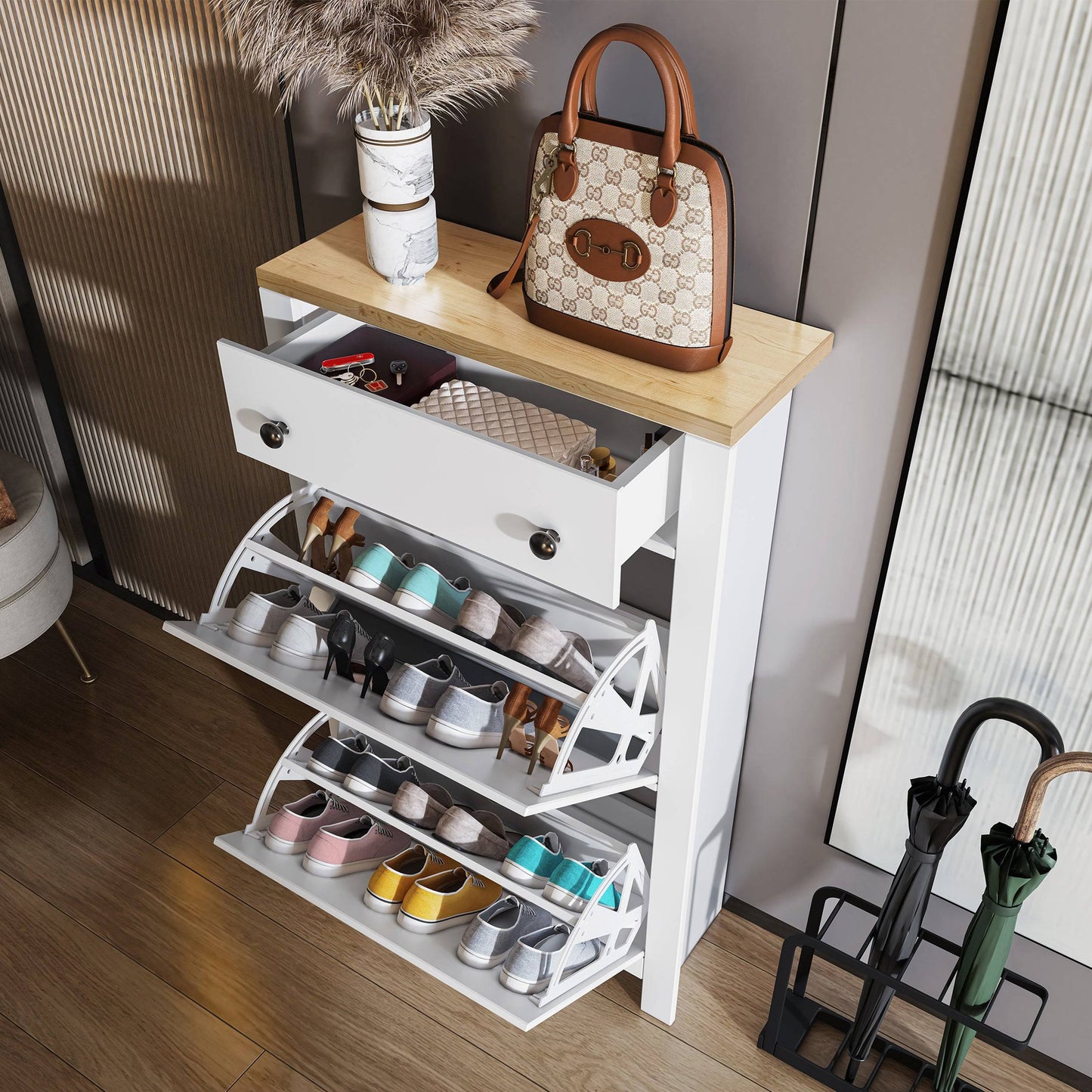 Modern Shoe Cabinet With Drawers | 2 Door Shoe Storage