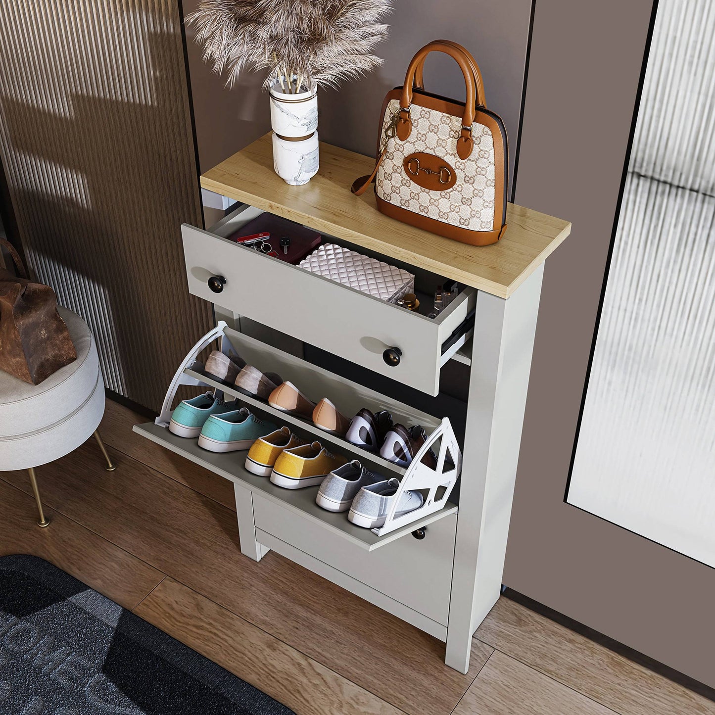 Modern Shoe Cabinet With Drawers | 2 Door Shoe Storage
