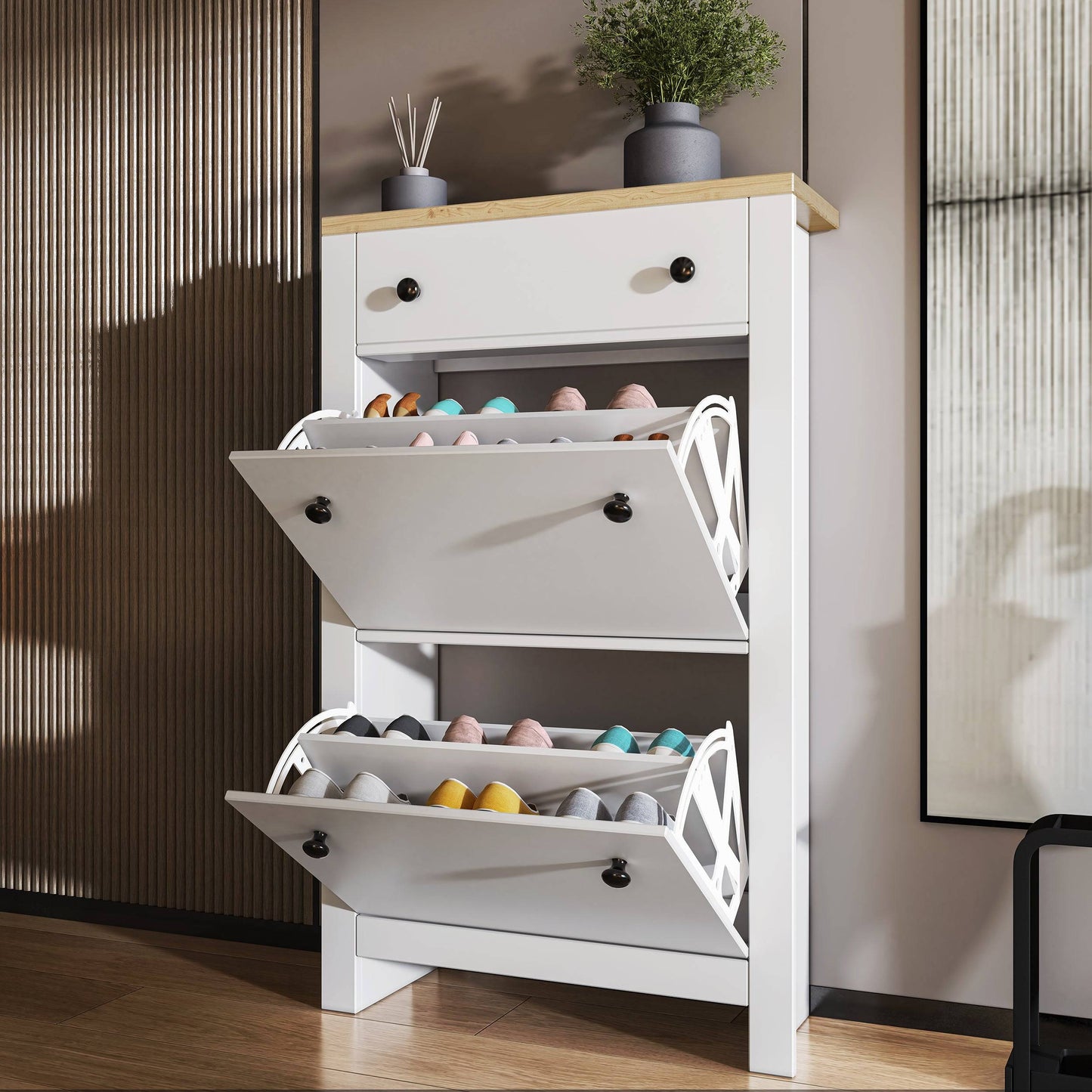 Modern Shoe Cabinet With Drawers | 2 Door Shoe Storage