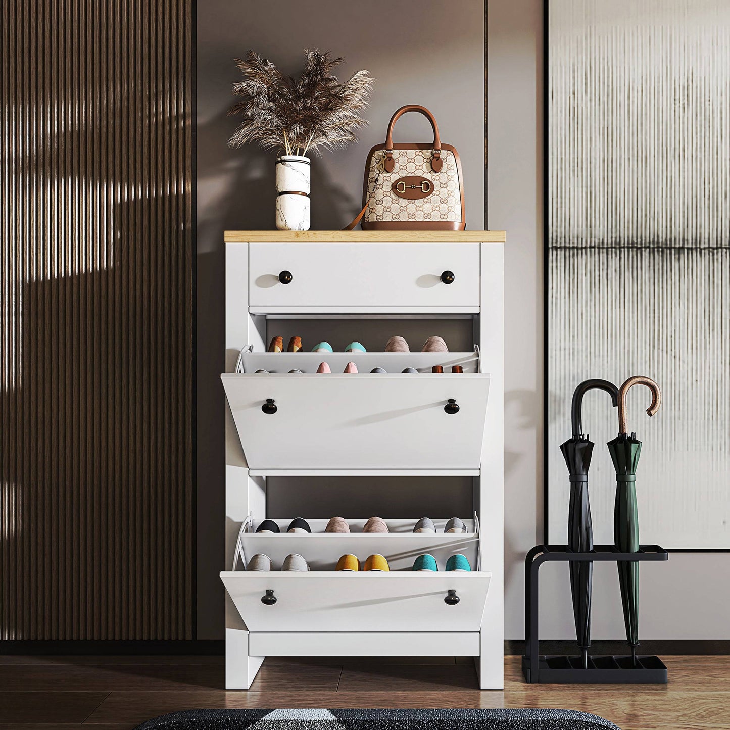 Modern Shoe Cabinet With Drawers | 2 Door Shoe Storage
