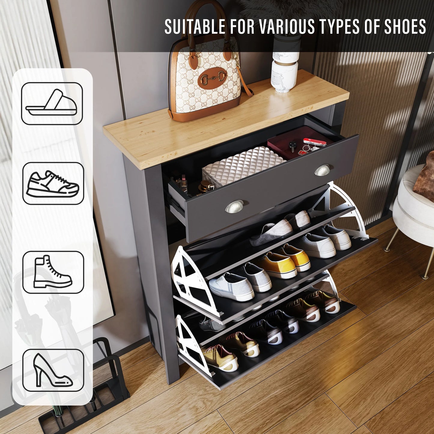 Shoe Cabinet With Drawer | 2 Door Slim Shoe Storage Unit