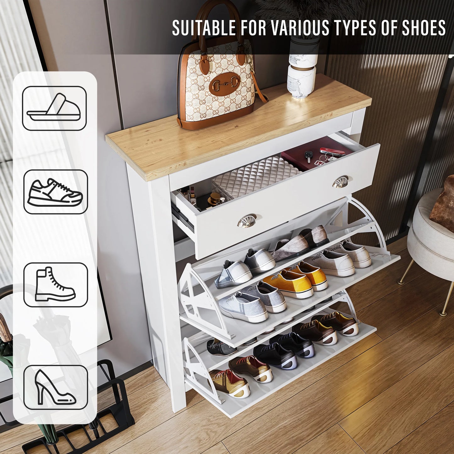 Shoe Cabinet With Drawer | 2 Door Slim Shoe Storage Unit