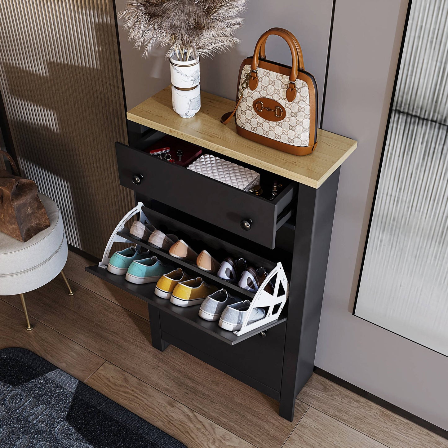 Modern Shoe Cabinet With Drawers | 2 Door Shoe Storage