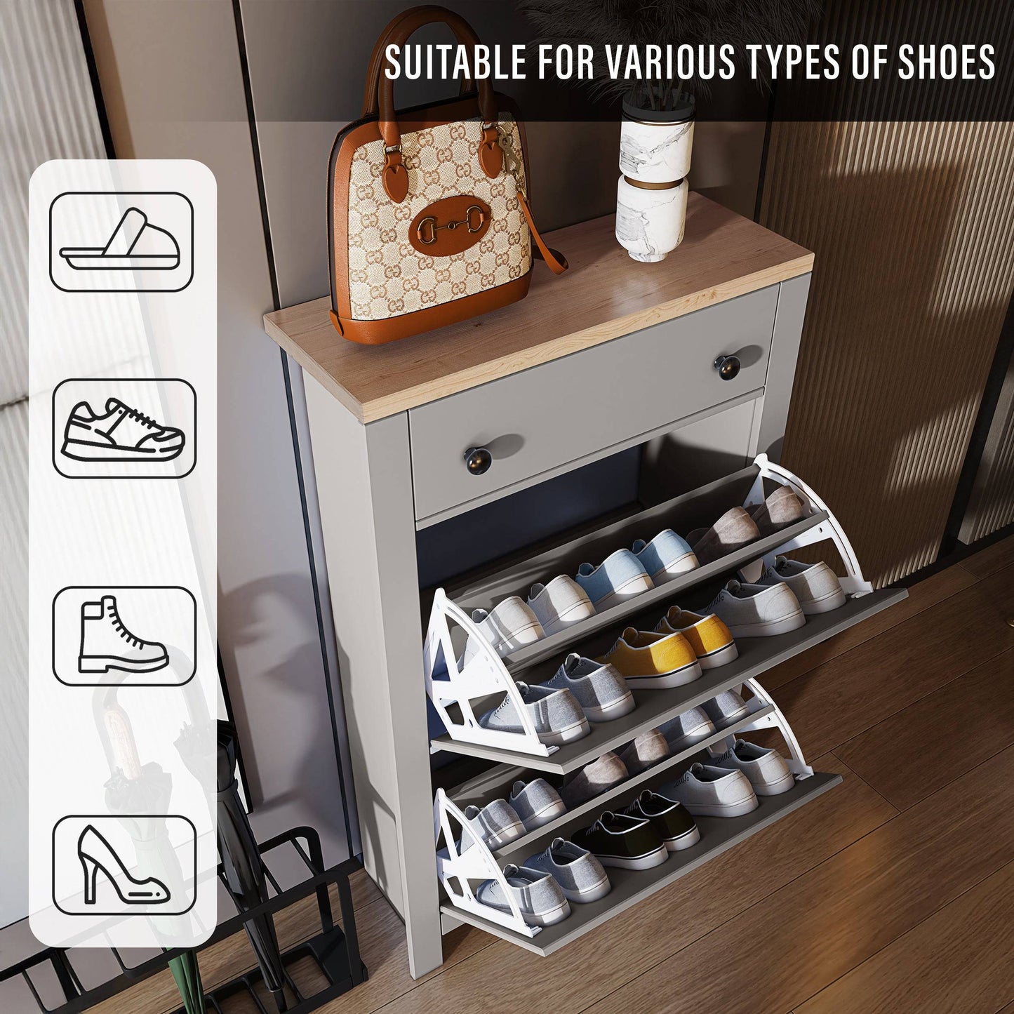 Modern Shoe Cabinet With Drawers | 2 Door Shoe Storage
