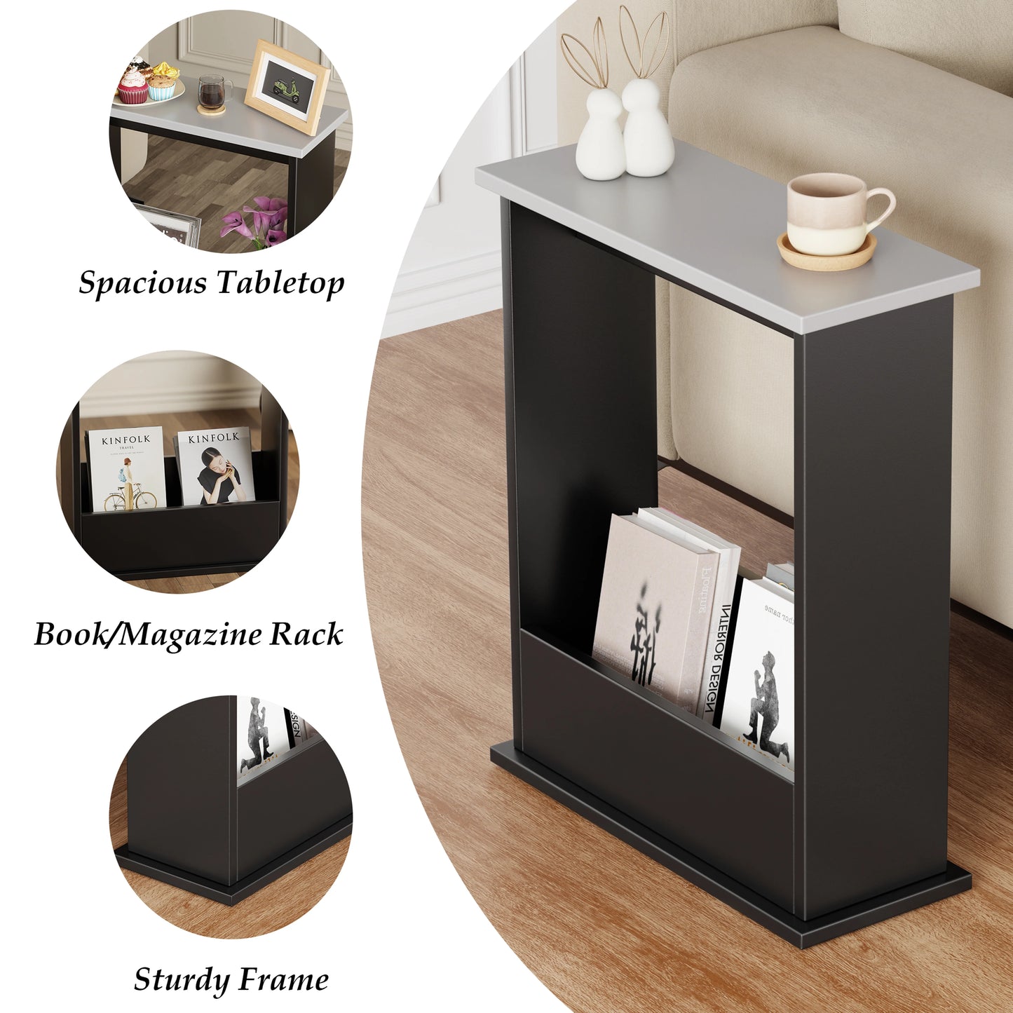 Small Narrow Side Table with Storage - Slim Sofa End Table