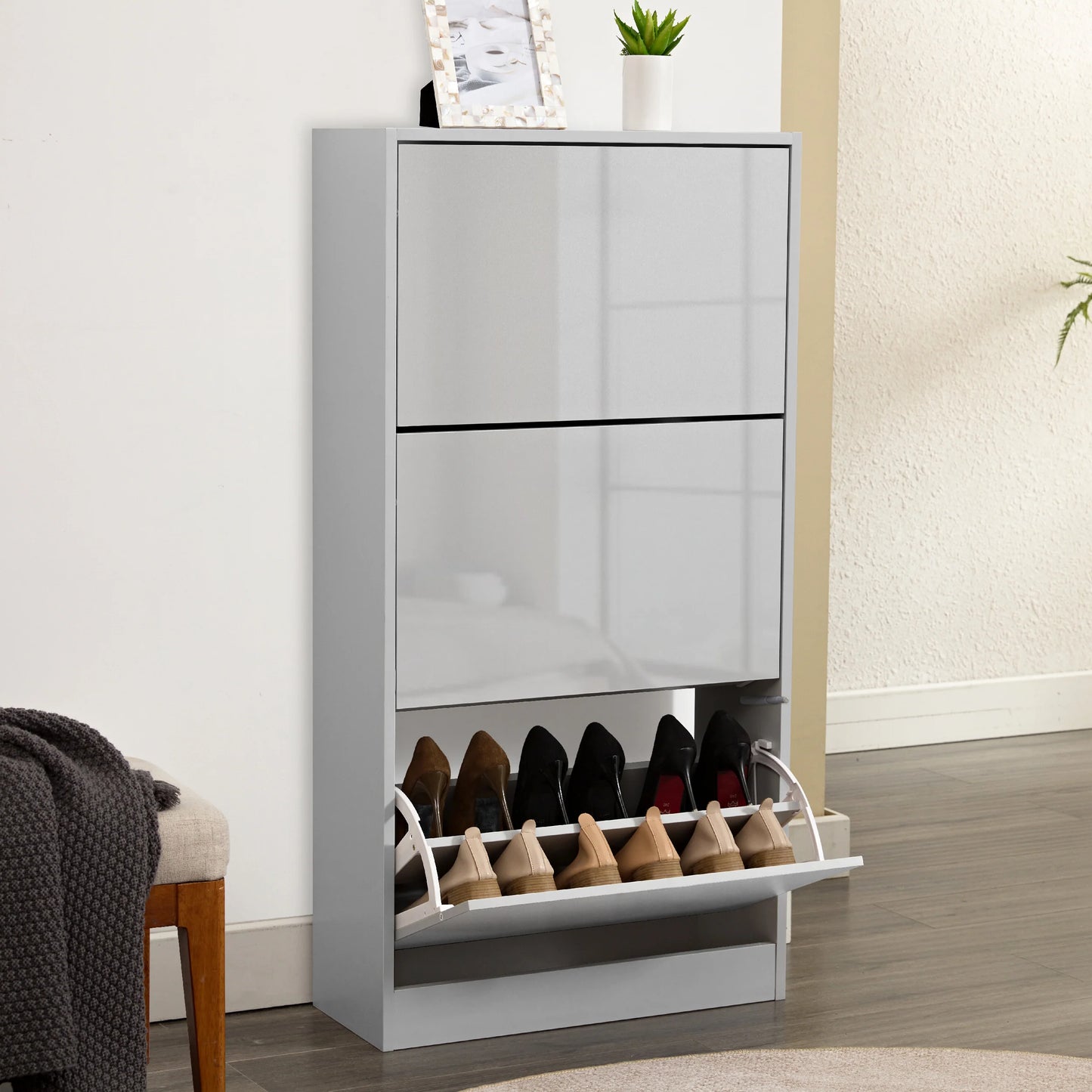 High Gloss 3 Door Shoe Cabinet | Slim Shoe Storage